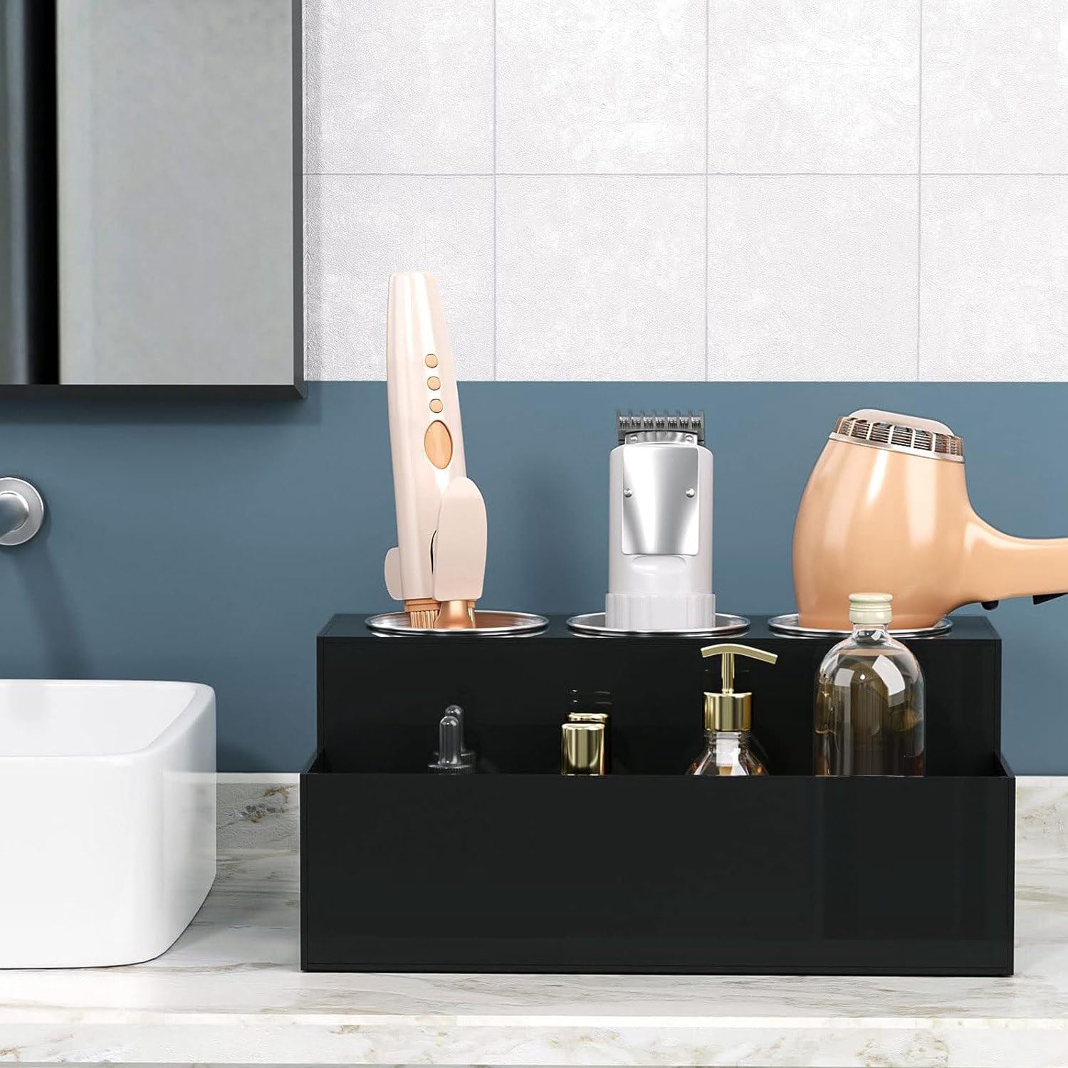 Organizzatore per Strumenti per Capelli Porta Asciugacapelli da Appoggio Supporto per Asciugacapelli per Bagno con 3 Tazze Nero
