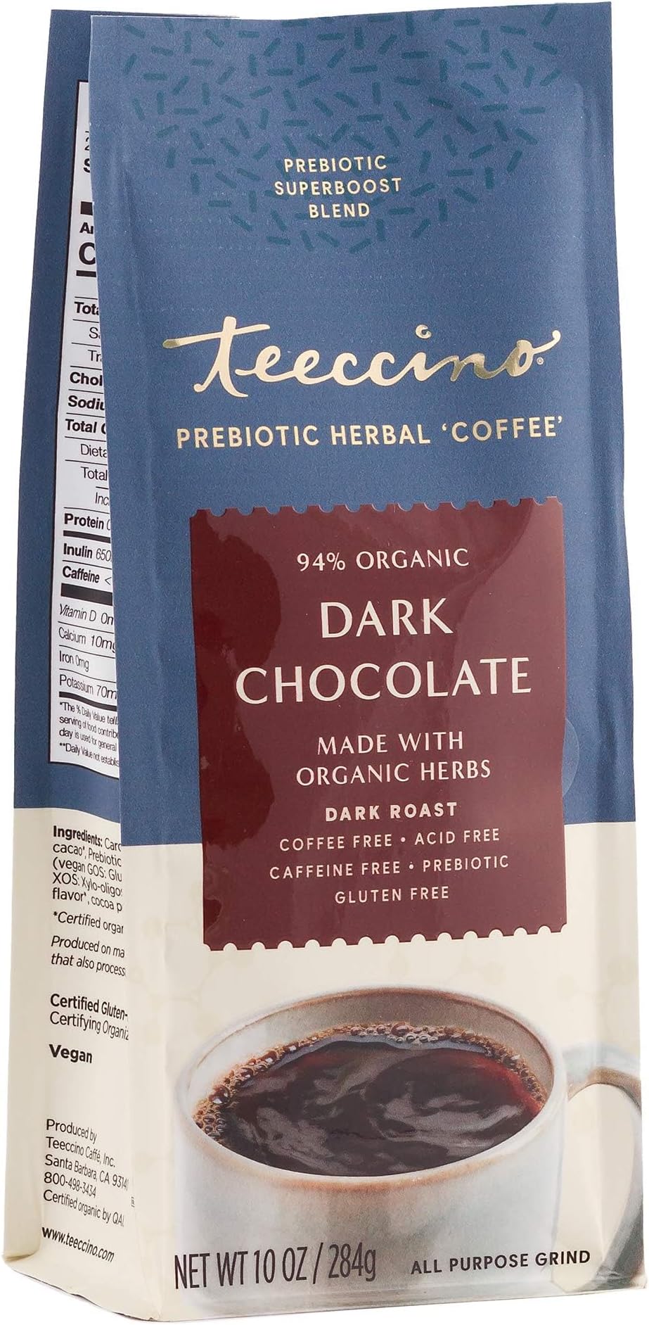 Dark Chocolate Prebiotic SuperBoost™ Coffee Alternative - 10 Ounce - Support Probiotics with Caffeine-Free Herbal Coffee Featuring 3 Vegan Prebiotics for Gut Health