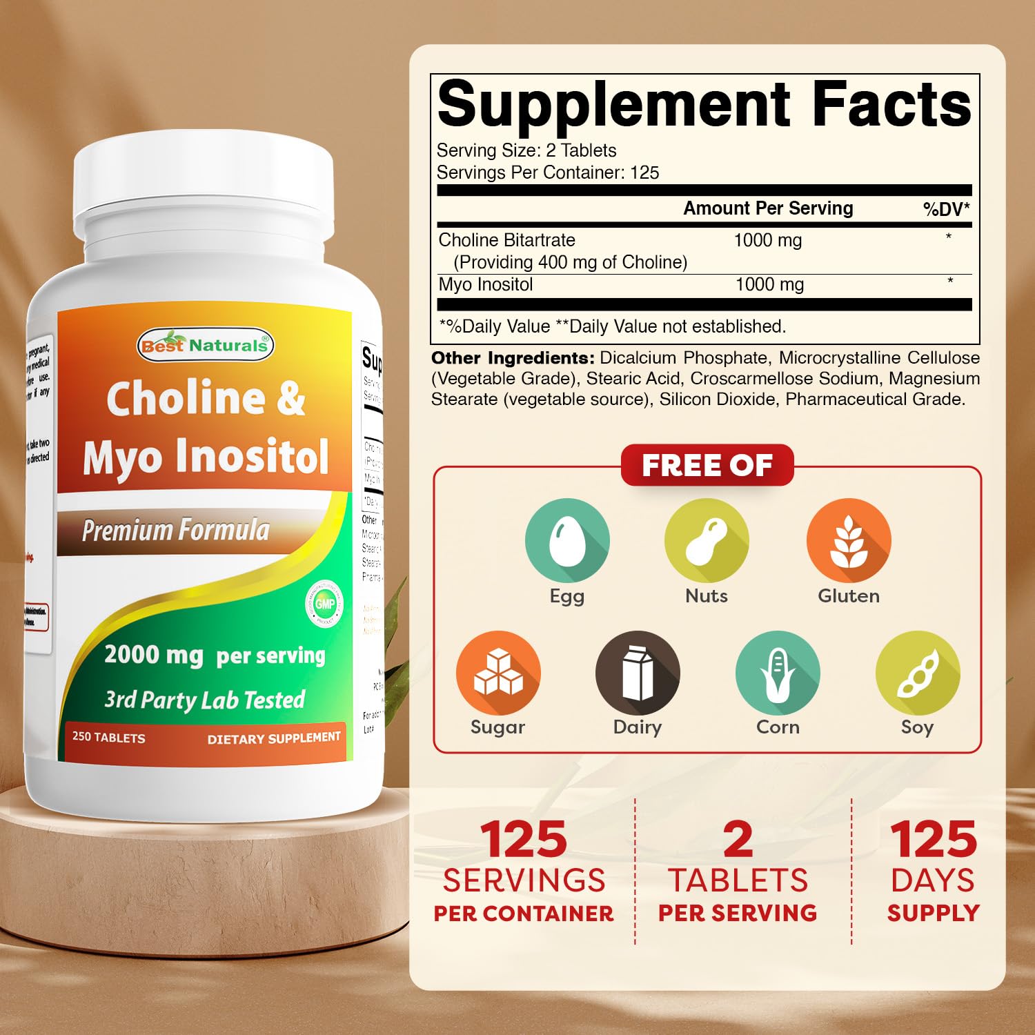 Best Naturals Choline Inositol (Myo Inositol) 2000 mg Per Serving 250 Tablets - Gluten Free, Made in the USA — Amazon image 2