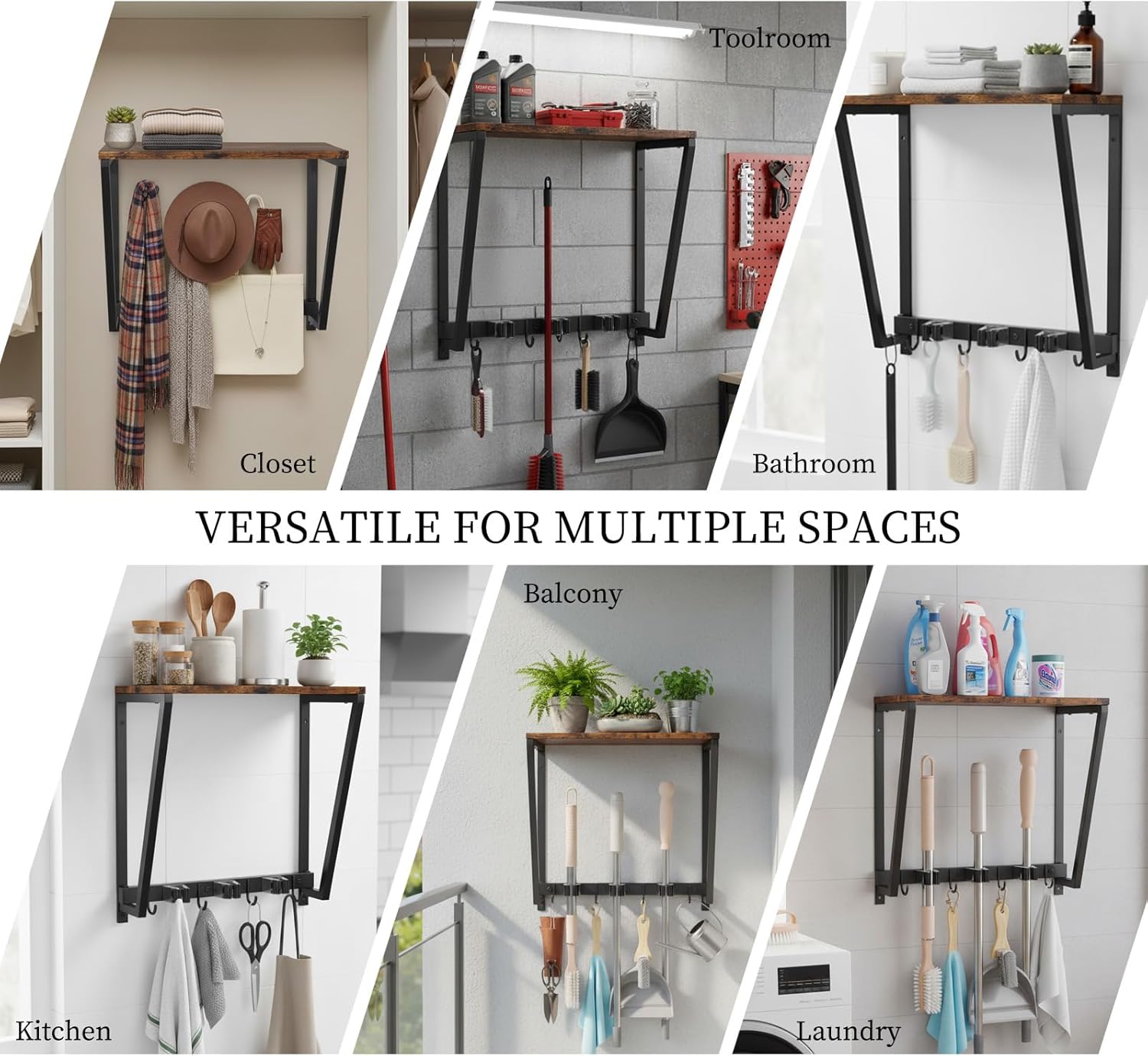 Broom Holder Wall Mount with 3 Storage Slots & 4 Utility Hooks, Rustic Wood All-in-One Mop Hanger, Cleaning Supplies Organizer and Tool Storage Rack for Laundry Room, Kitchen, Garage, Garden, Closet