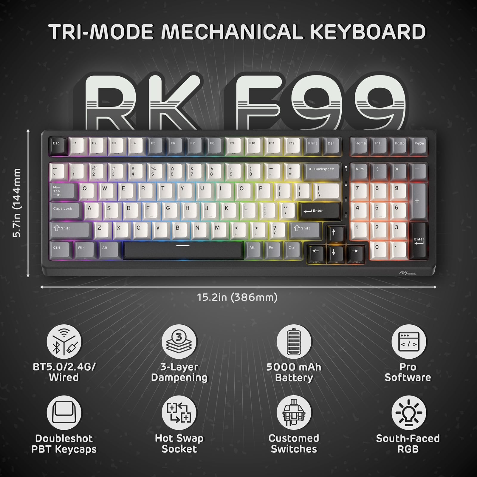 RK ROYAL KLUDGE Tastiera meccanica wireless F99 con tastierino numer, Tri-Mode Hot Swap 95%100 tasti Tastiera da gioco BT/2.4G/USB-C, software Pro, batteria 5000mAh, interruttori beige tattili