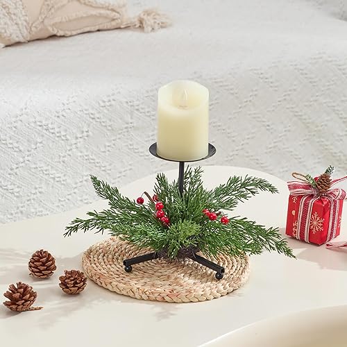 Miniatura 7 de Paquete de 3 portavelas de Navidad, portavelas de hierro negro con bayas rojas de cedro sintético, soporte de metal decorativo de 7.1 pulgadas para