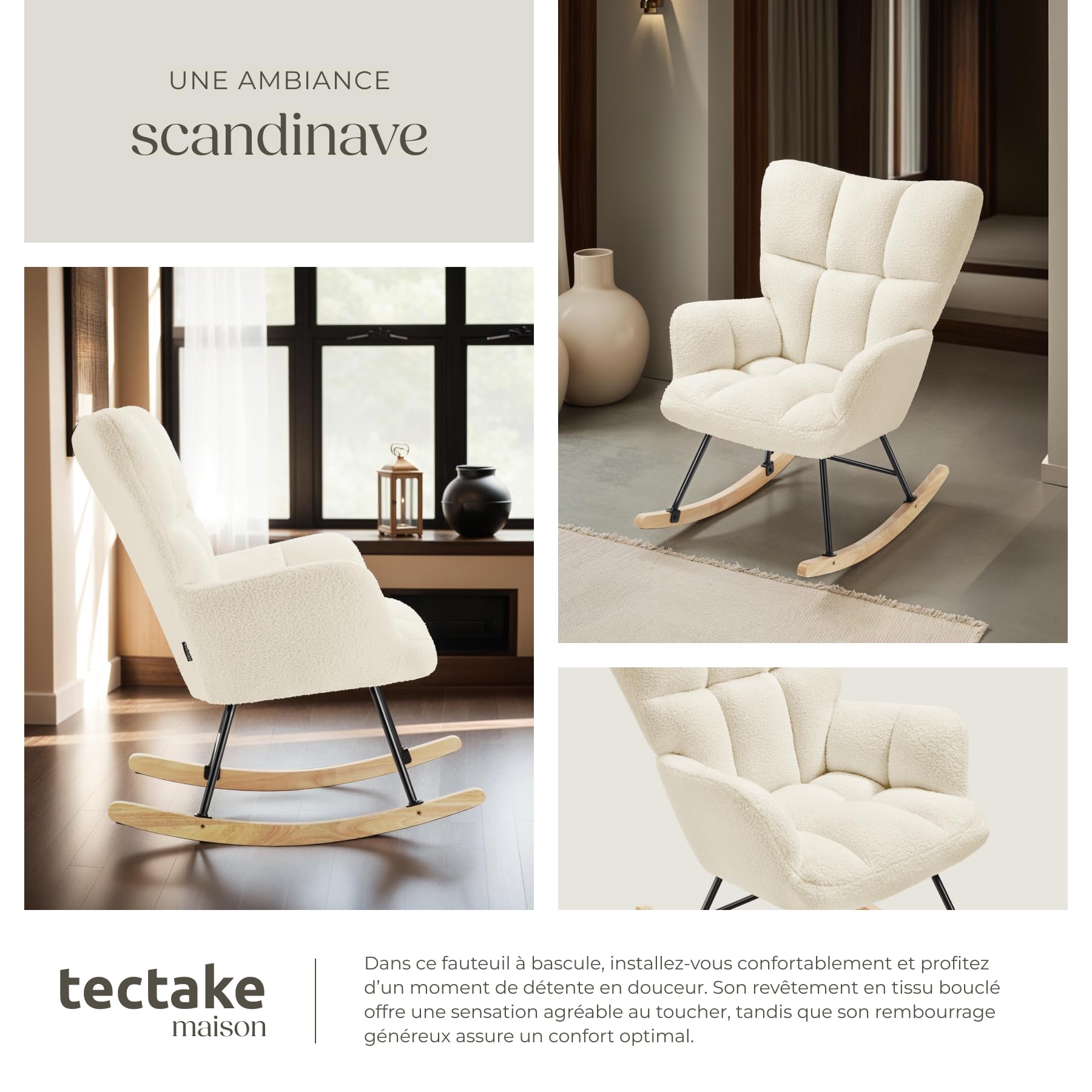 tectake® Rocking Chair Fauteuil à Bascule avec Accoudoirs Fauteuil scandinave motif matelassé Chaise Relax rembourée Cadre en Acier Fauteuils Salon Veranda Chaise Ergonomique idéal Détente Allaitement