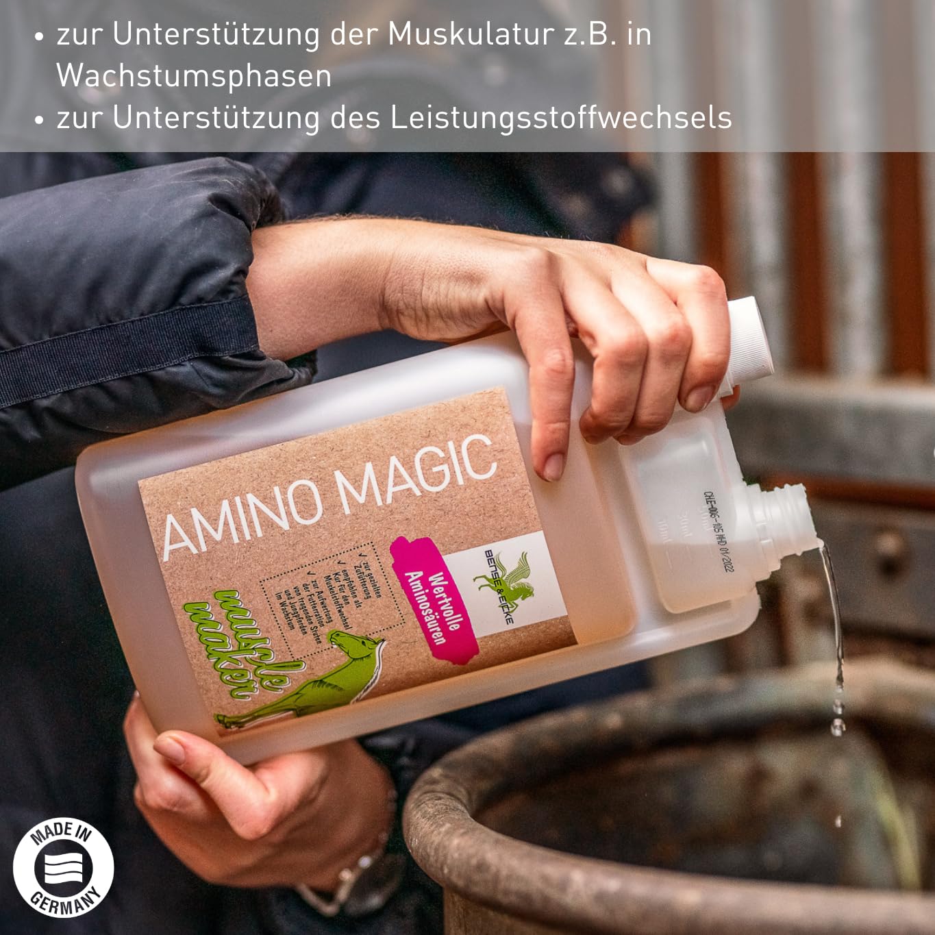 Bense & Eicke Amino Magic 1000 ml - Aminosäuren und Vitamine für Pferde, Ergänzungsfuttermittel zur Unterstützung von Wachstum und Leistungsstoffwechsel – Made in Germany