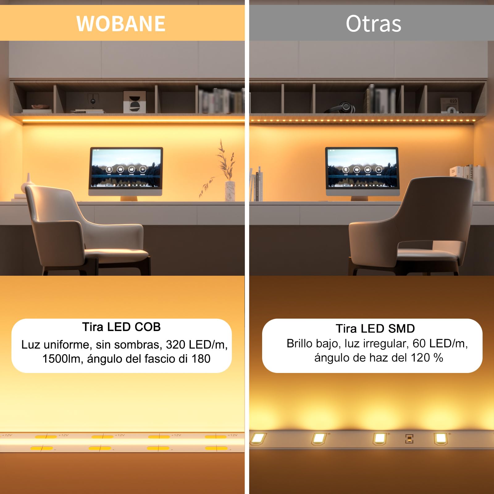 WOBANE Tira Led COB Blanco Cálido 3000K, Luces Led 3 Metros con Control Remoto Regulable,Tiras Led Cocina Bajo Mueble con Alimentación para Habitacion,Escaparate,Gabinete