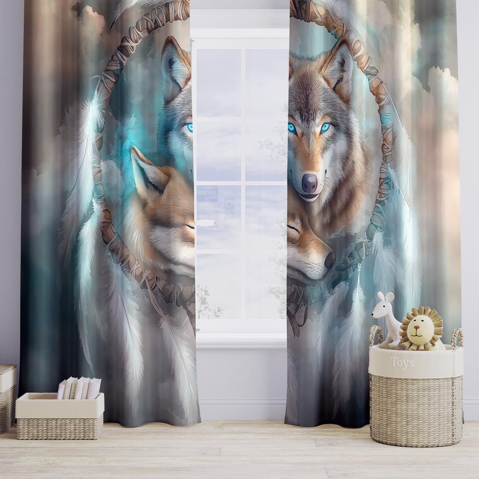 Generisch H215 x B220 cm Vorhang Wärmeisolierend Set, Traumfänger Blickdichte Gardinen, Traumfänger Feder Wolf Thermo Vorhänge für Schlafzimmer Wohnzimmer Kinderzimmer Küche Fensterdekoration