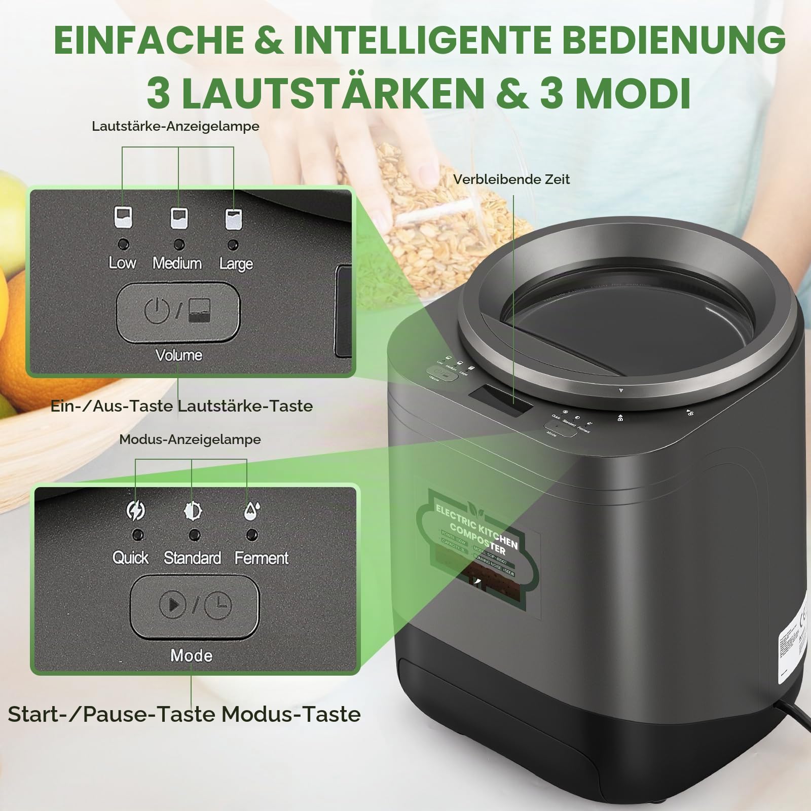 Huanyu Elektronischer Komposter Elektrischer Küchen Komposter mit Sichtbarem Fenster 3L Food Cycler Automatischer Komposter