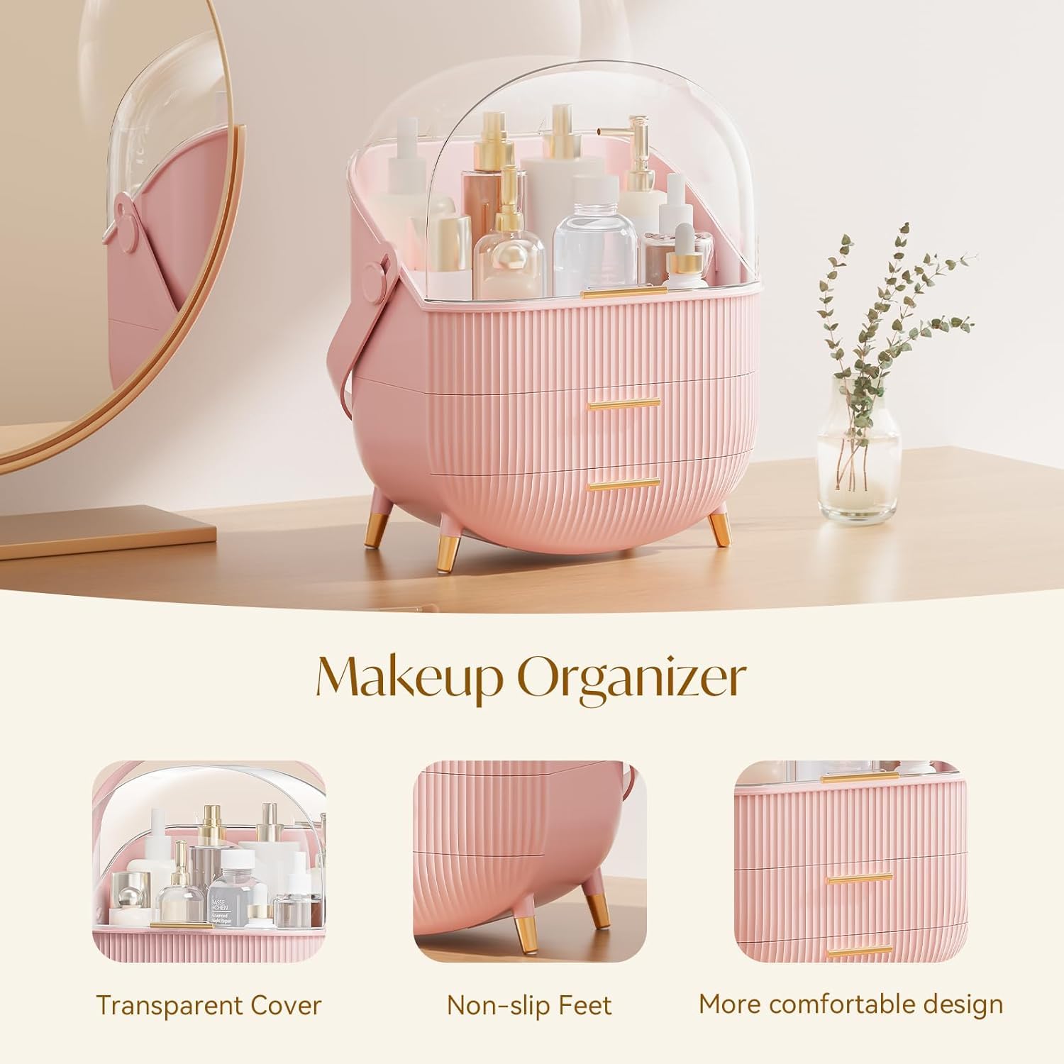 Kousee - Organisateur de maquillage avec couvercle transparent, tiroirs pour soins de la peau, porte-beauté pour salle de bain, coiffeuse, résistant à la poussière et étanche, rose