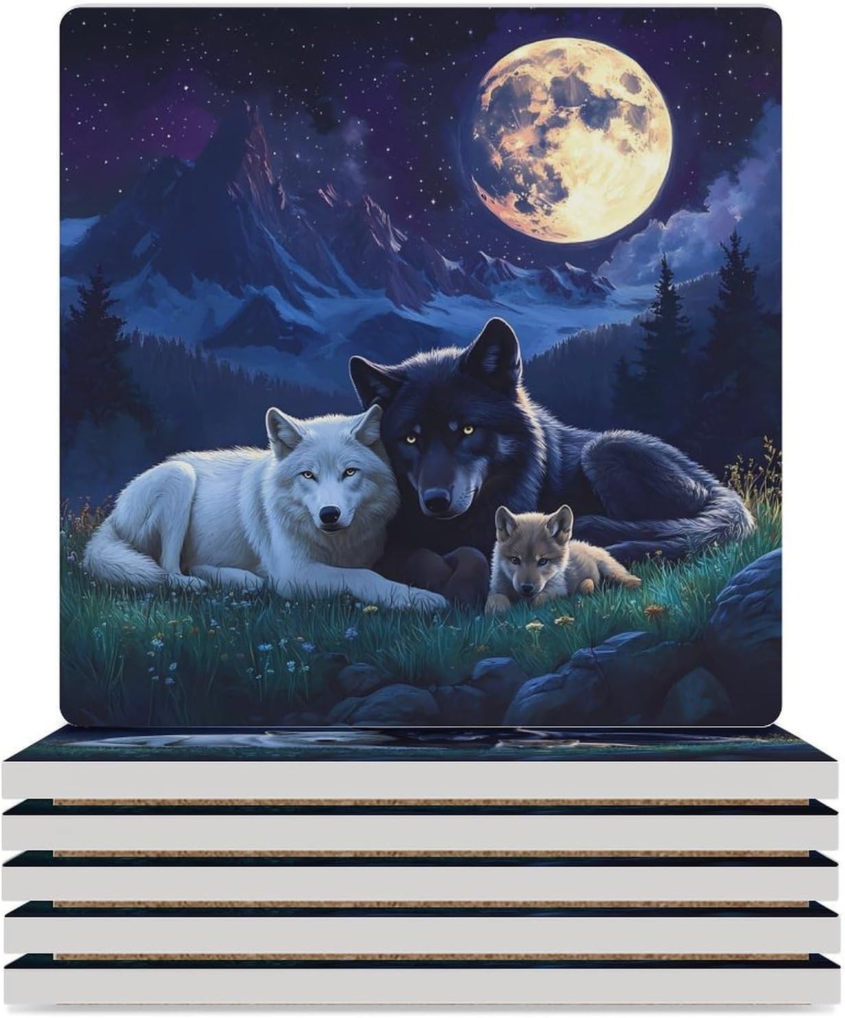 Wolf Family Coasters for Drinks Square Table Coasters Set Cup Mats with Cork Base