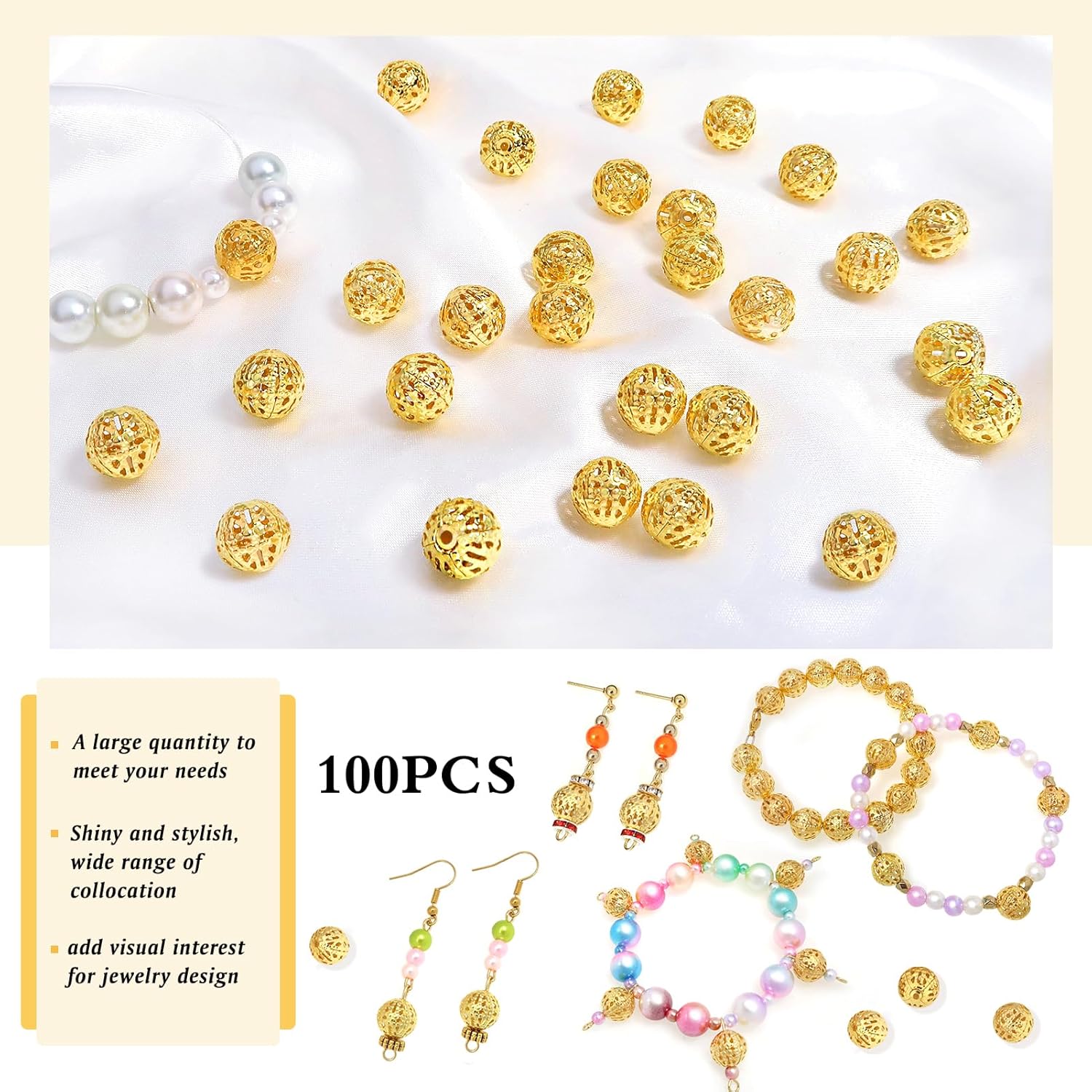 TOAOB 100pcs 10mm Gold Plated Filigree Hollow Ball Beads Round Metal Loose Spacer Beads for DIY Crafts Bracelets Necklaces Earrings Jewelry Making - Image 3