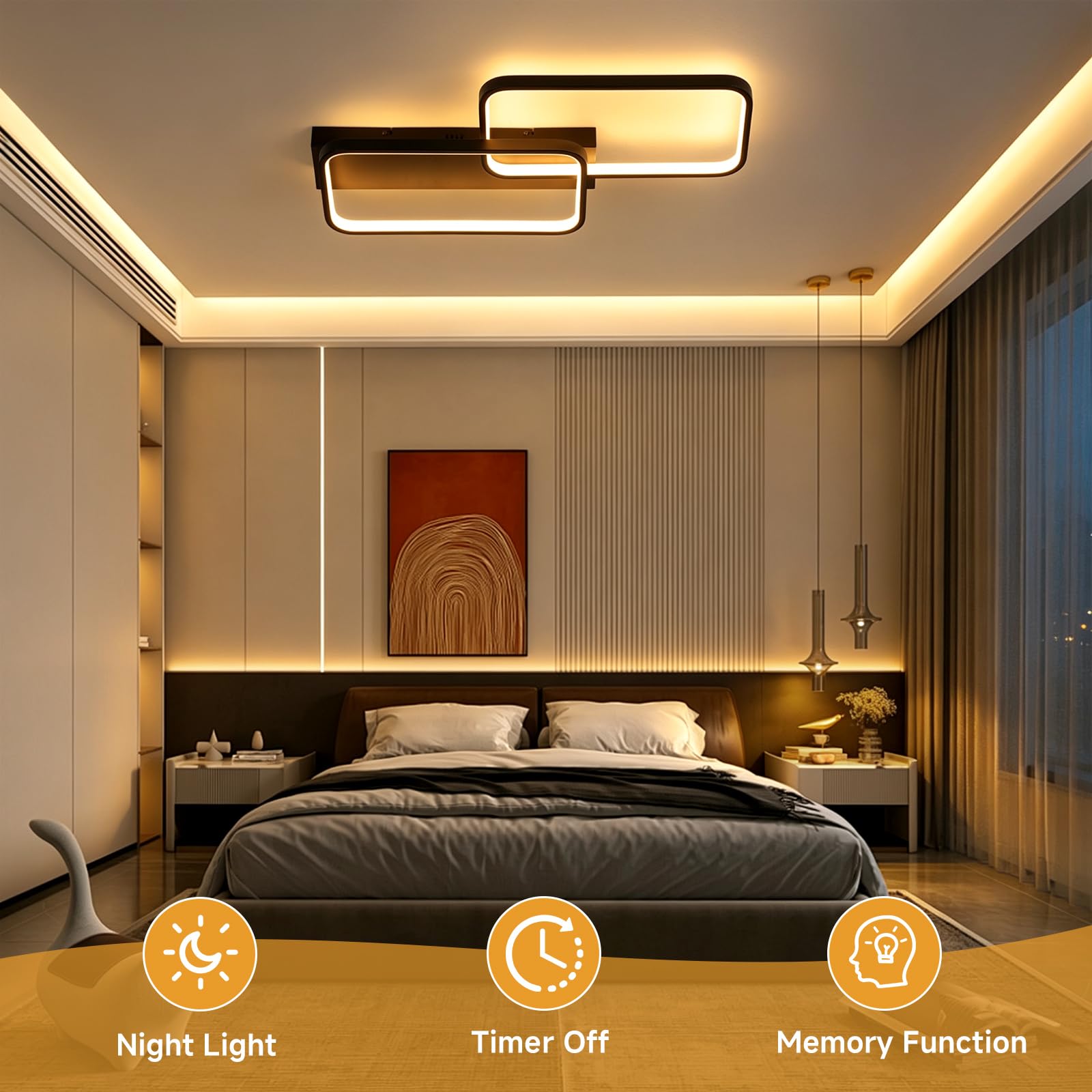 OTREN Lampa sufitowa LED 40 W, 4000 lm, regulowana za pomocą pilota 3000 K, 6500 K, pamięć i blokada, lampka nocna i timer do salonu, sypialni, kuchni, 61 cm, czarna