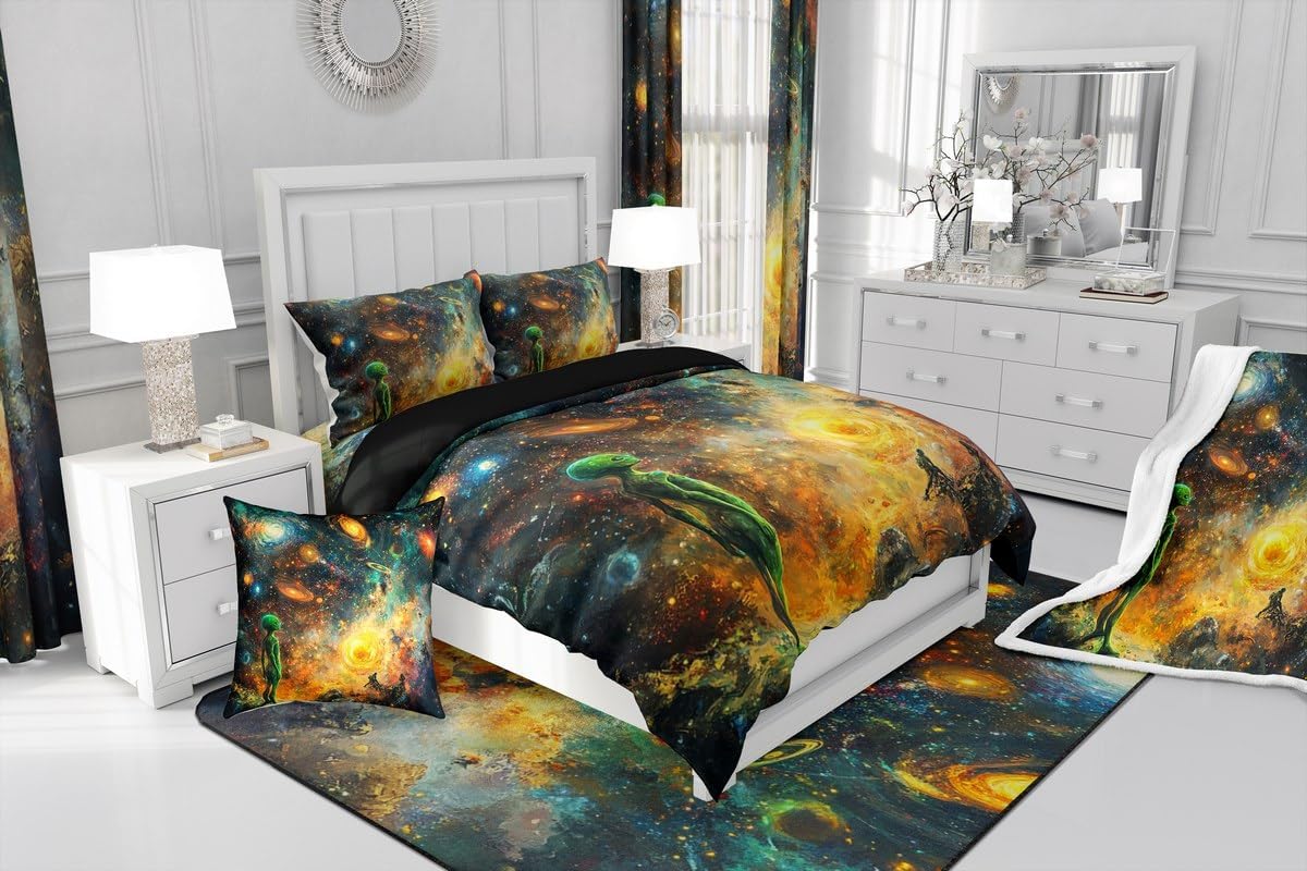 Feelyou Green Alien Bedspread Galaxy Outer Space Bedspread for Kids Boys Girls Outer Space Planet Coverlet Set Galaxy Universe Quilted Bedroom Collection 2Pcs Twin Size