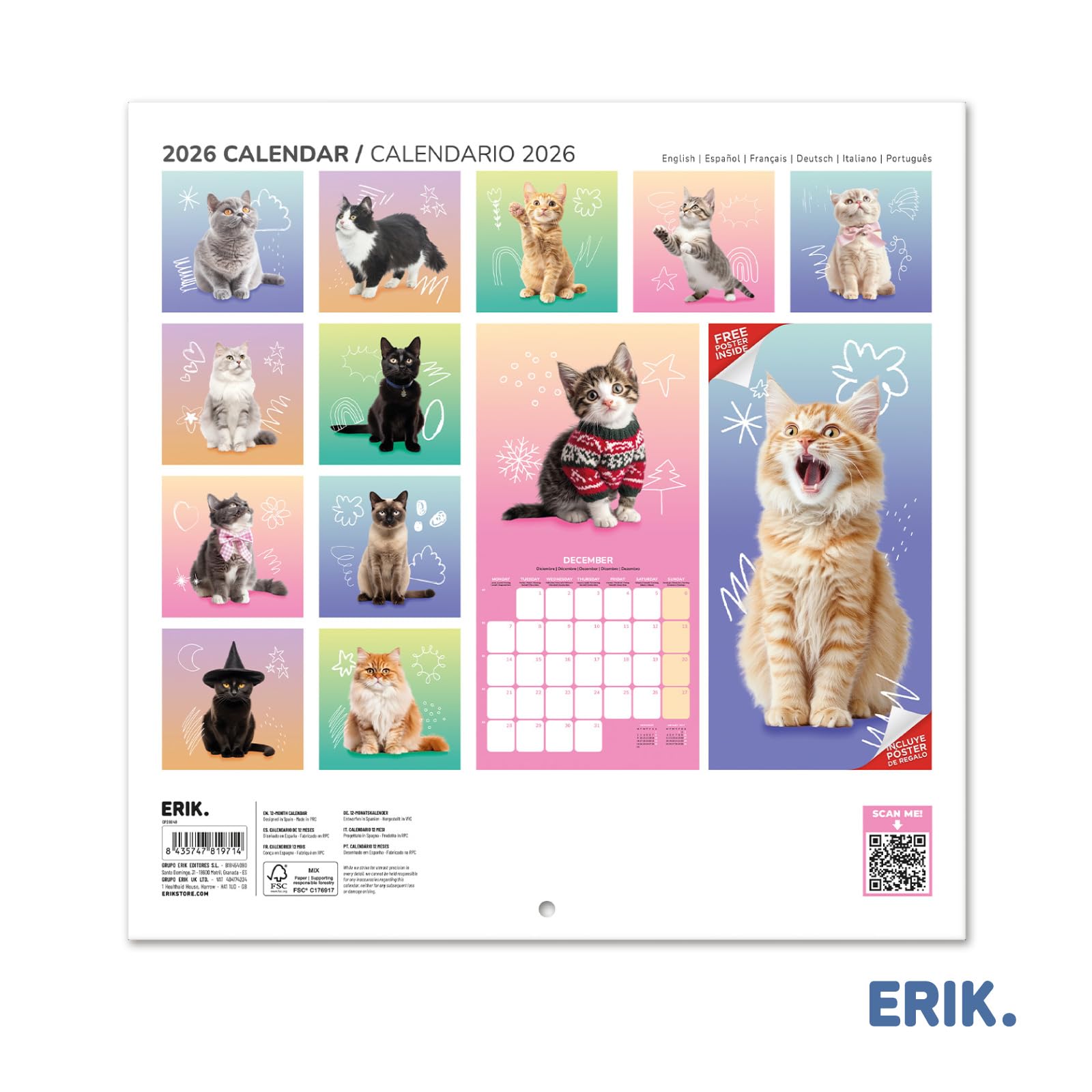 Grupo Erik - Calendrier Mural 2024 Chats | Calendrier Mensuel 30 X 60 Cm, Certifié FSC, En