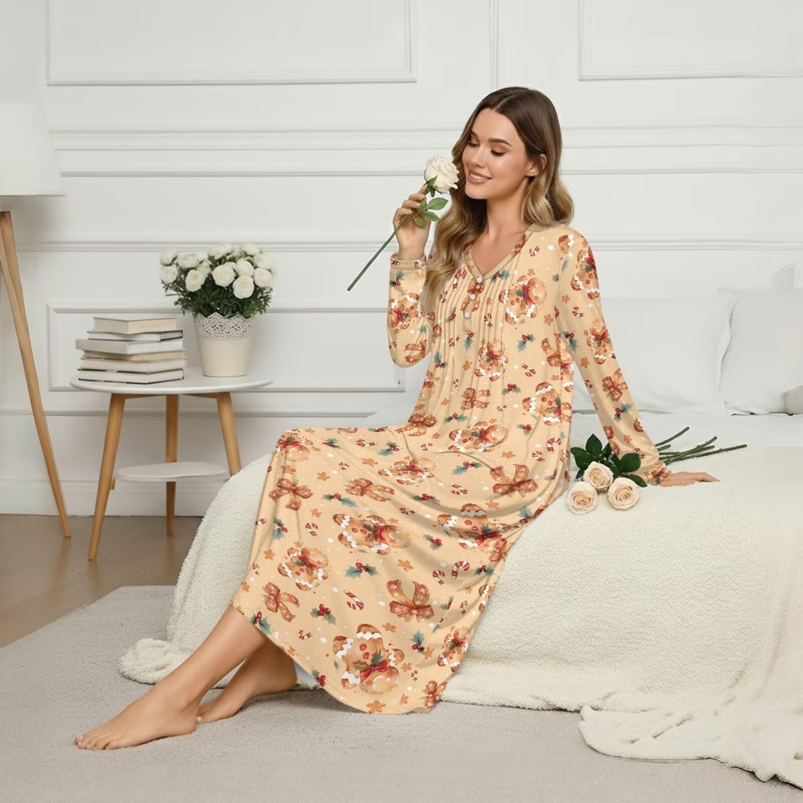 Damskie koszule nocne pełna długość bielizna nocna sukienka Henley Neck koszula nocna miękka odzież domowa do spania, Świąteczny piernikowy człowiek, 4XL