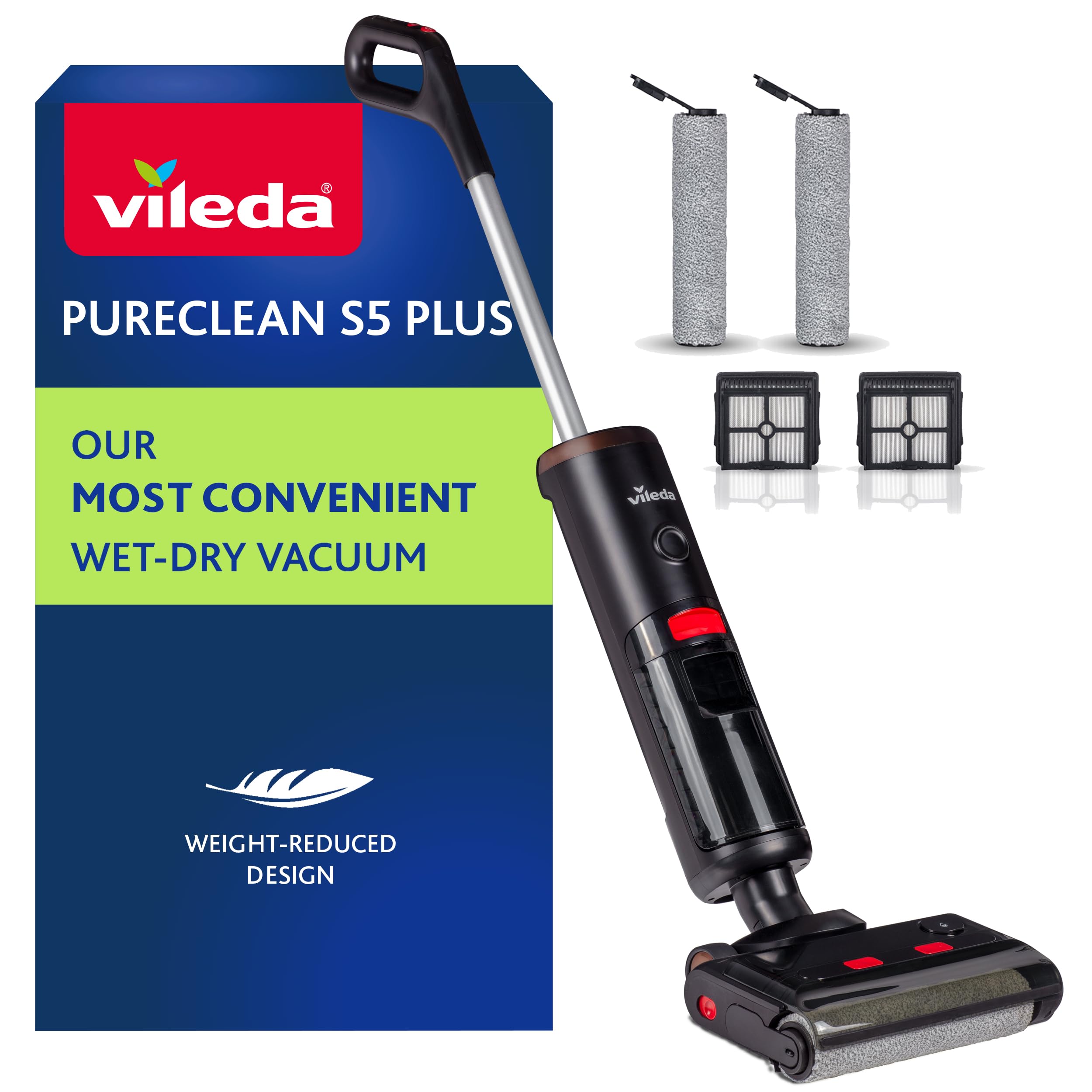 Vileda PureClean S5 - Aspirapolvere a secco con accessori (2 rotelle, 2 filtri), senza fili a batteria con doppio serbatoio e separazione dell'acqua al 100%, leggero, per tutti i pavimenti, 180 m² con