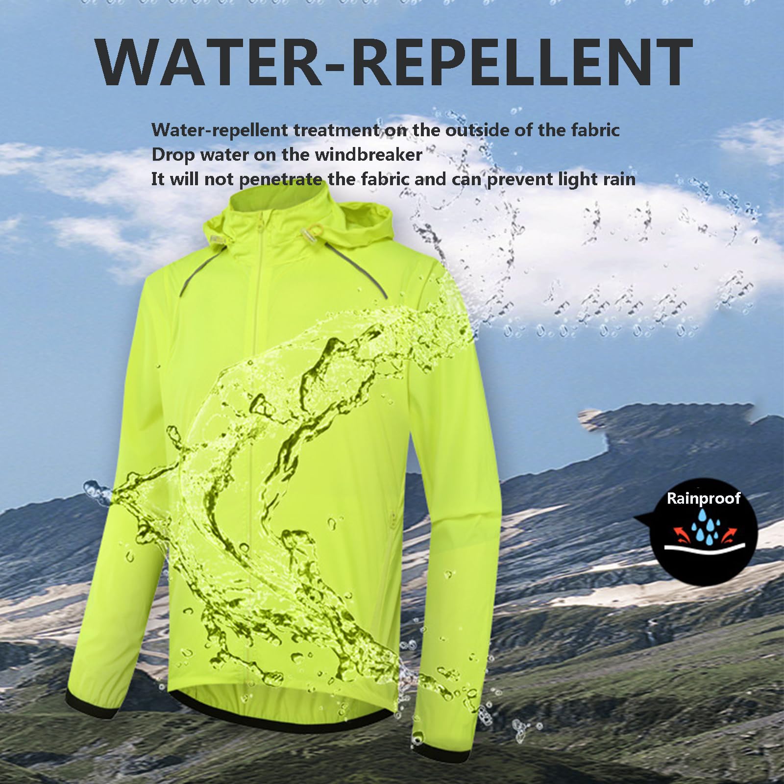 Zwei-in-Eins-Reflektierende wasserdichte Fahrradjacke mit Kapuze für Herren und Damen mit Abnehmbaren Ärmeln, Windjacke mit Durchgehendem Reißverschluss und Kapuze,Green-3XL