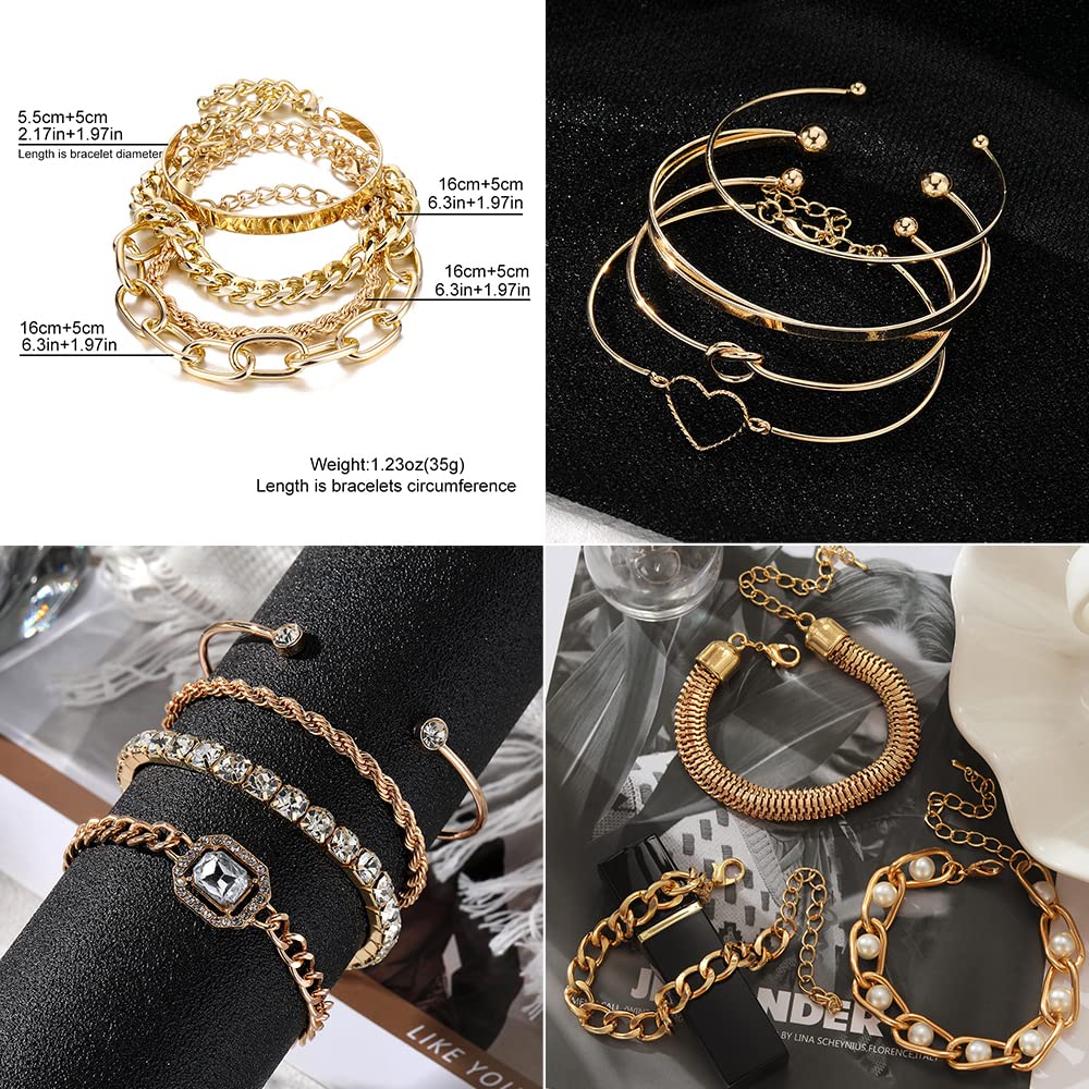 Juego de 15 pulseras doradas para mujer, pulseras abiertas apilables de múltiples capas, cadena de eslabones cubanos ajustables, delicadas joyas estéticas clásicas 6