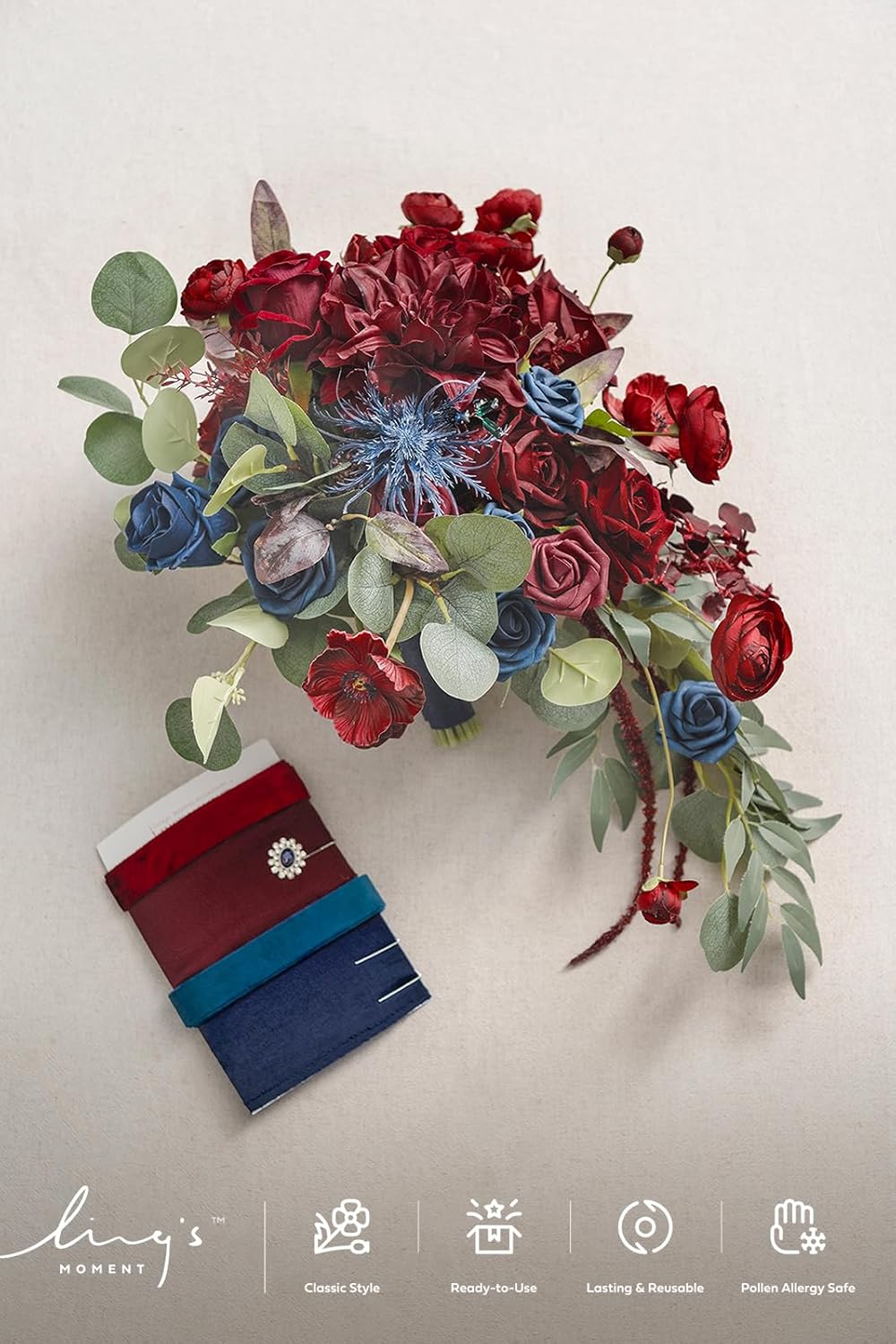 Ling's moment Navy Blue Burgandy Bridal Bouquet Cascading, Jewel Tone Wedding Bouquets for Bride, 15 Inch Bride Bouquets for Wedding Artificial Flowers Bouquets