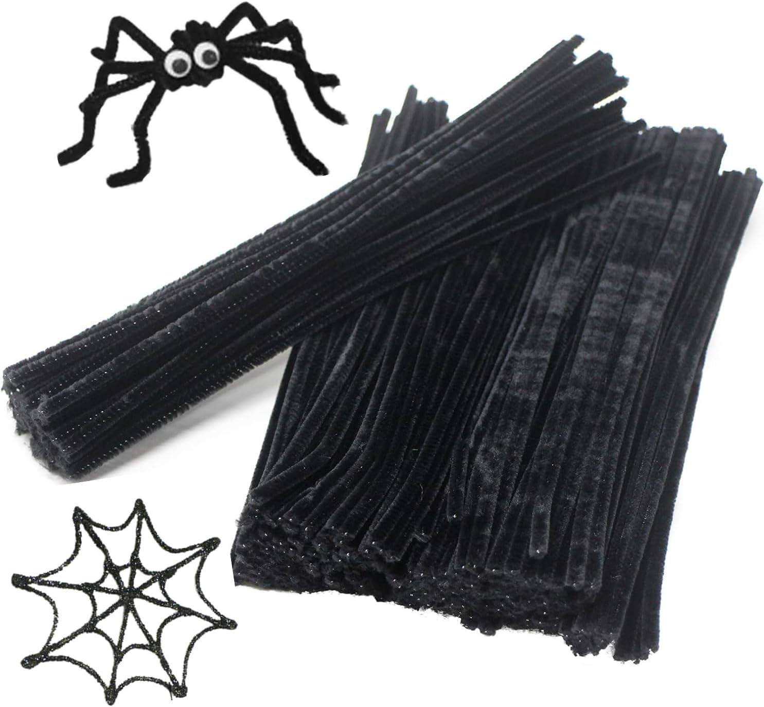 Black Pipe Cleaners for Craft - 50 Thick Chenille Stems 30cm x 6mm, Long Pipe Cleaners for Halloween Spider Crafts, DIY Model Making and Wreaths