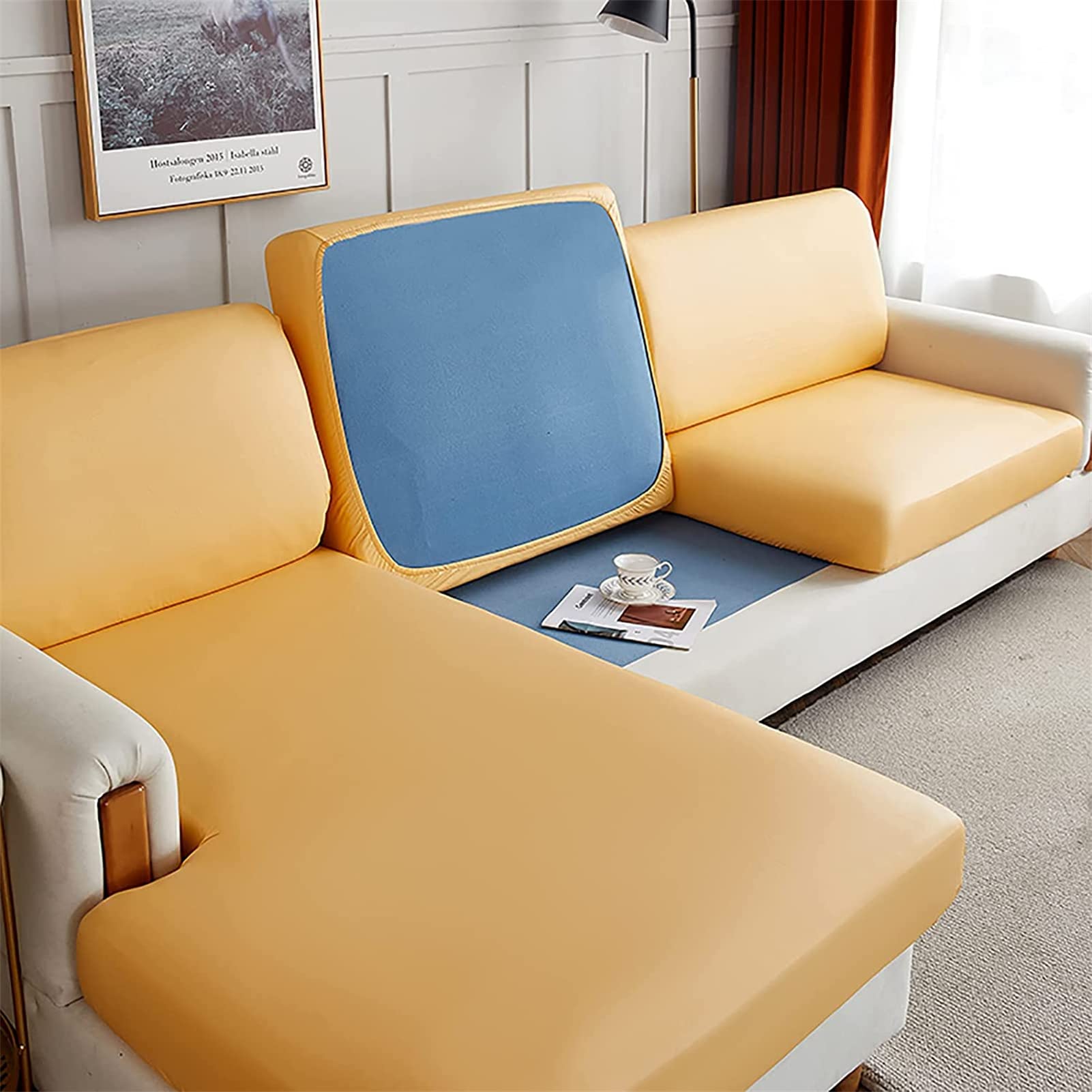 Housse de canapé extensible et antidérapante en cuir jaune 1 place