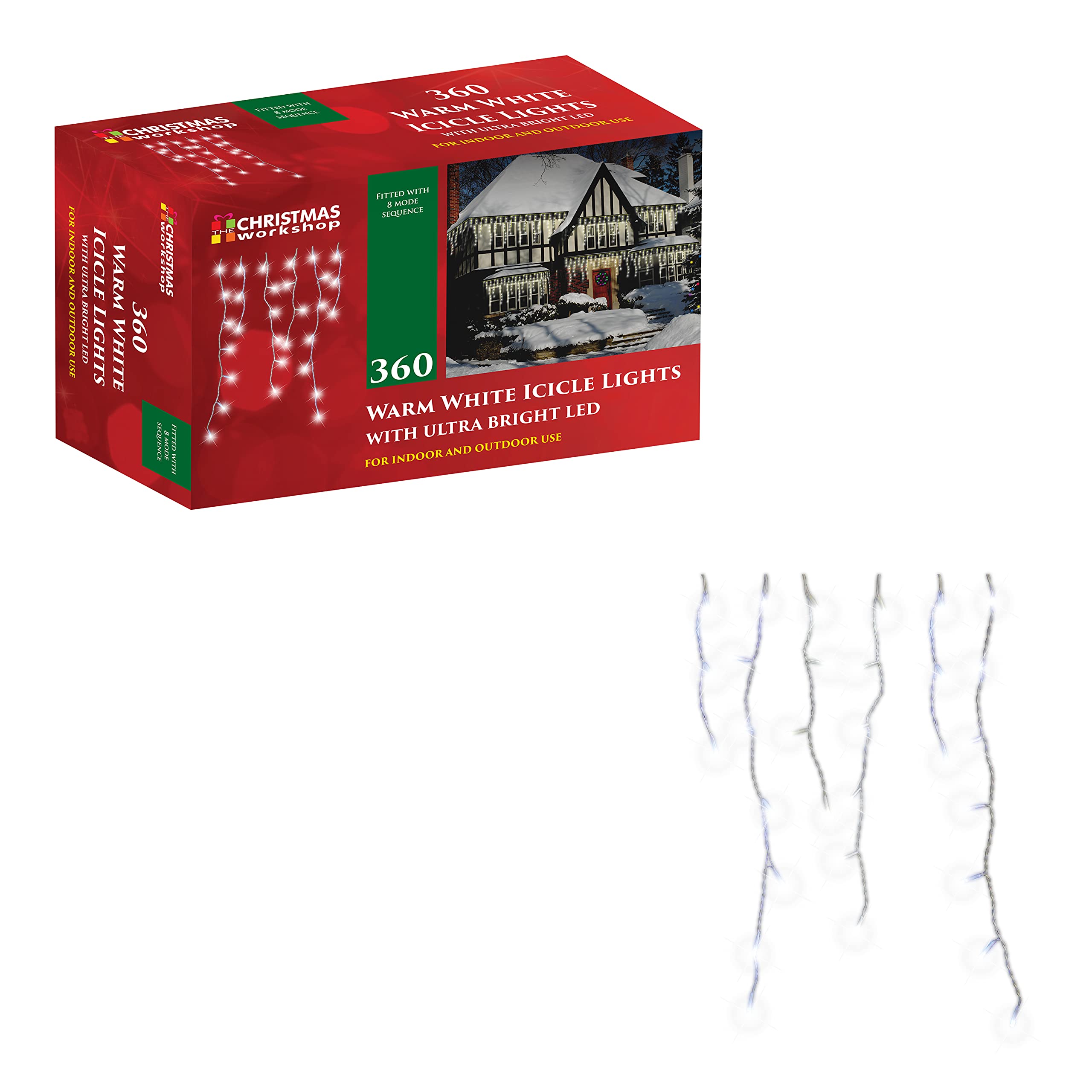 The Christmas Workshop Warm White Icicle Led Christmas Lights/Mains Powered With 8 Functions/Indoor Or Outdoor Fairy Lights For Home, Weddings And Gardens (360)