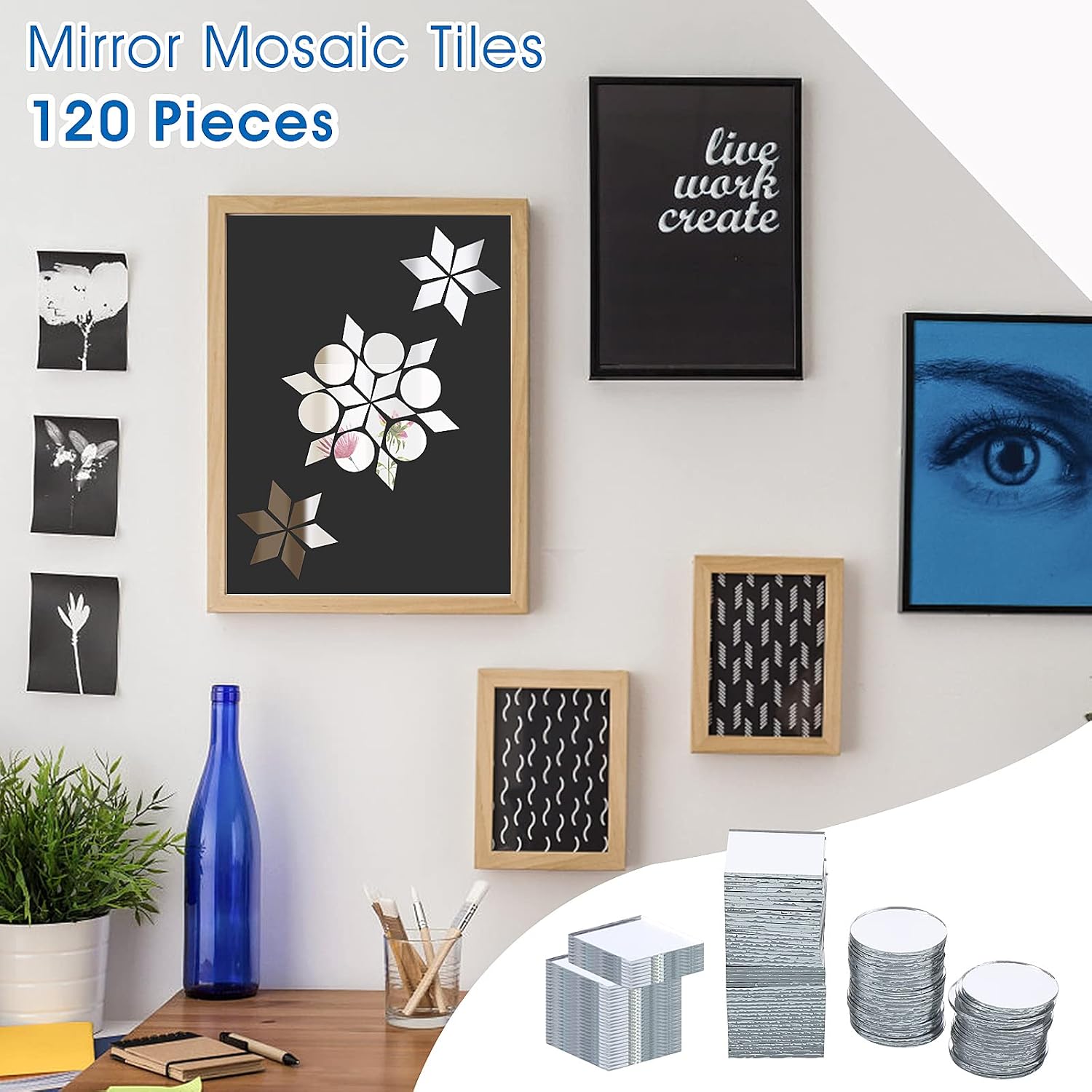 Prasacco 120 Pcs Small Mirrors for Crafts, 3 Shapes Mirror Pieces for Crafts, Square Diamond Round Craft Mirror DIY Mirror Mosaic Tiles for Disco Ball Lamp Framing Decoration