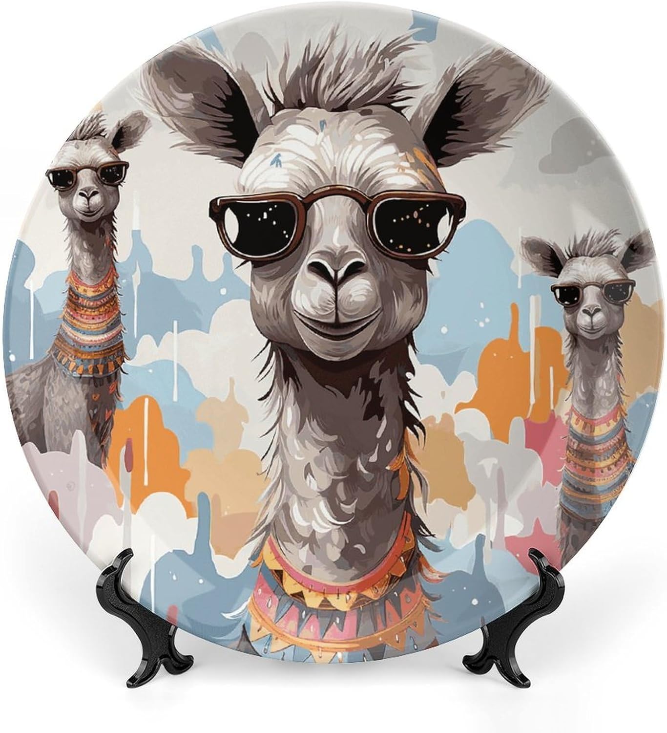 Cute Giraffe with Colors Sunglasses Funny Ceramic Plate 10inch Decorative Bone China Wall Hanging Ornament Plates Bohemian Style Dinner Plate with Display Stand Cabinet Display Plates for Home Art Dec