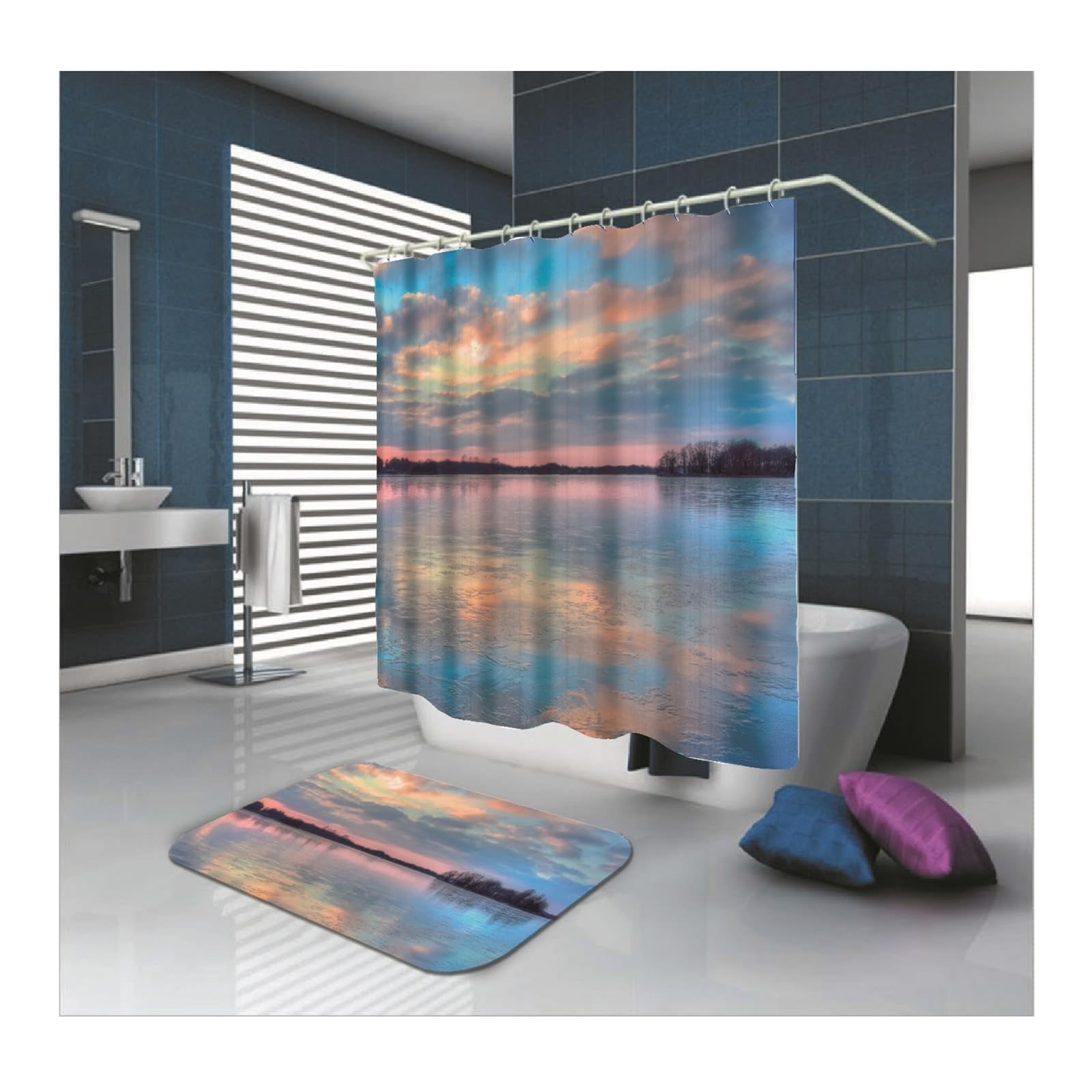 Rideau de douche en tissu textile bleu résistant et lavable avec anneaux inclus
