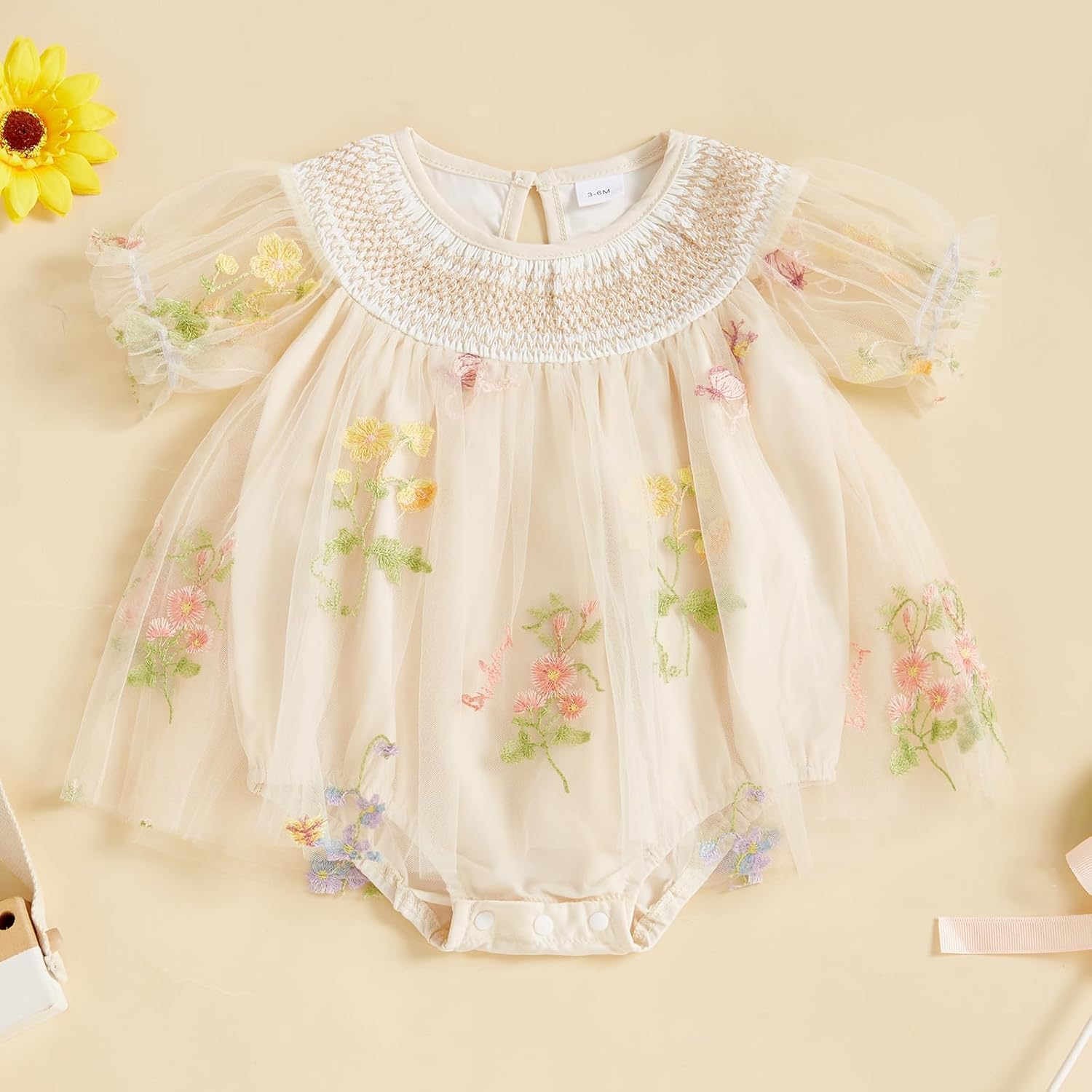 Baby Girl Tulle Tutu Romper Dress Flower Embroidery Short Sleeve Fairy Smocked Dresses Party Princess Sundress - Image 3