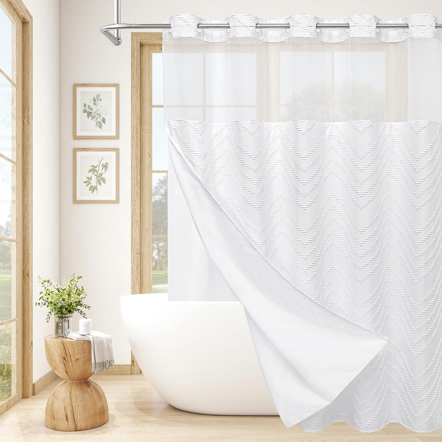 No Hooks Extra Long Shower Curtain with Snap-in Liner, Light Pink Fabric Tufted Striped Textured Large Modern Farmhouse Shower Curtain for Bathroom, 72 x 86