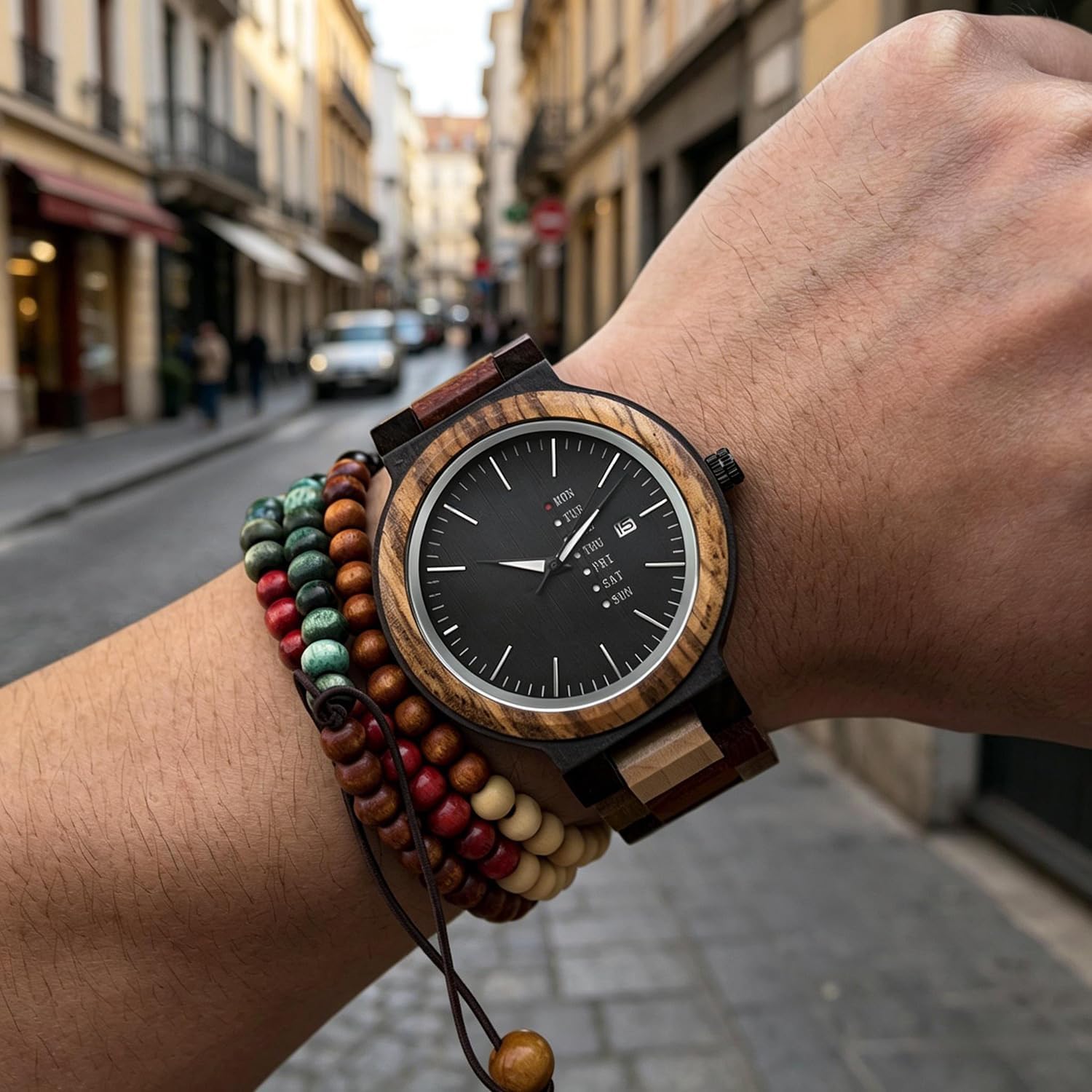 EBONY Wooden Couple Watches for Him Her Handmade Multi-Color Wood Band Date Week Display Wristwatch Unique Anniversary for Boyfriend and Girlfriend