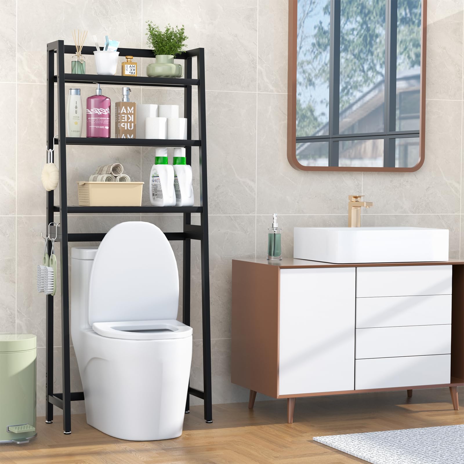 VASMIA Toilettenregal, 3-Ebenen Bambus WC Regal über die Toilette mit 3 Haken und Wasserdichten Fußpads,Freistehende über die Toilette Regal für das Badezimmer,Schwarz