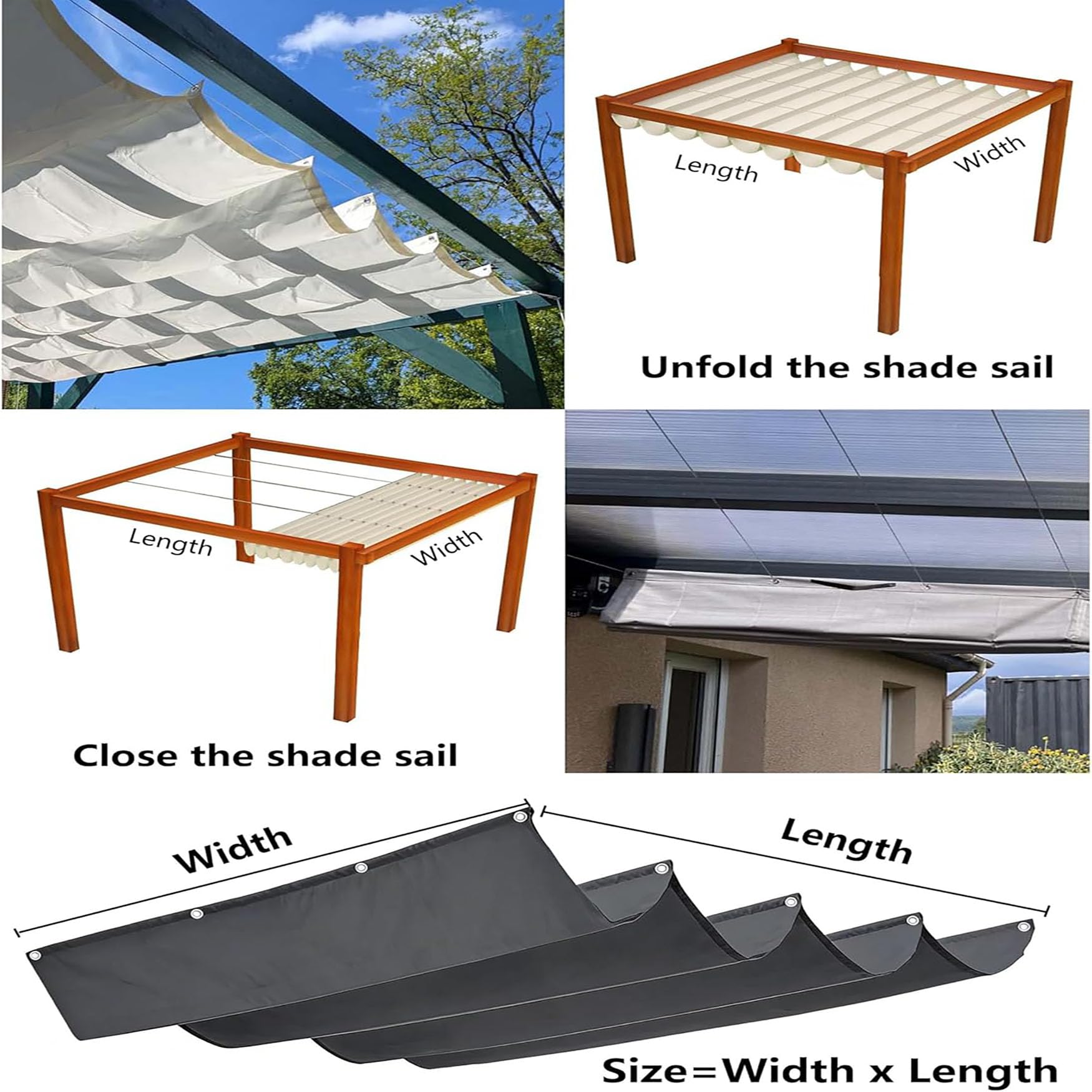 Sonnensegel Einziehbares Sonnensegel 140 x 600 cm Uv-Schutz Reißfest Sonnenschutz Wasserdicht Winterfest mit Ösen Verstellbare Pergola Markise für Terrasse Garten Pergola, Dunkelgrau