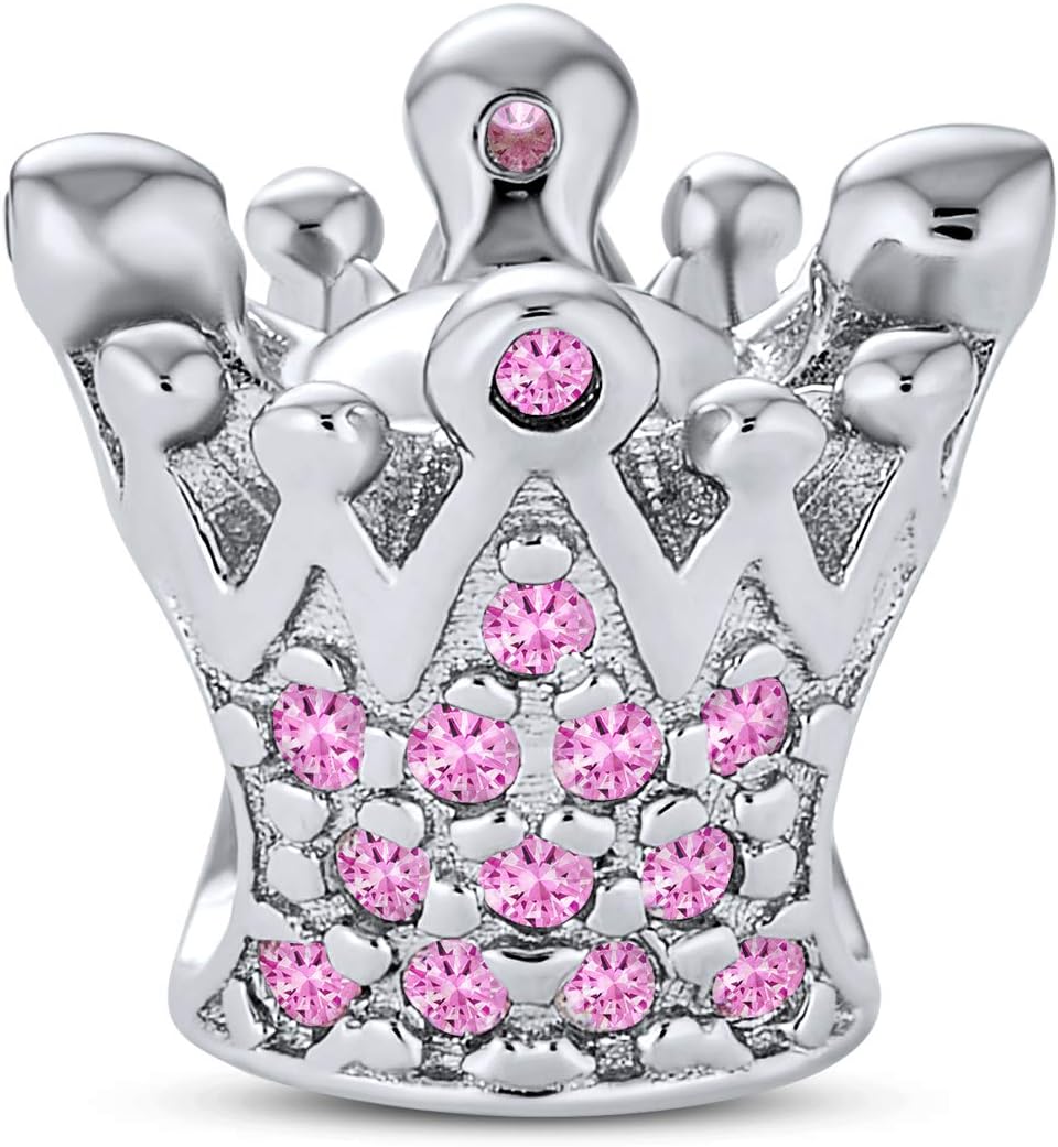 Bling Jewelry Set of Two Fairytale Castle & Princess Queen Crown Royalty Pink Fuchsia Crystal Bead Charm For Women Daughter Teen Oxidized .925 Sterling Silver Fits European Charm Bracelet