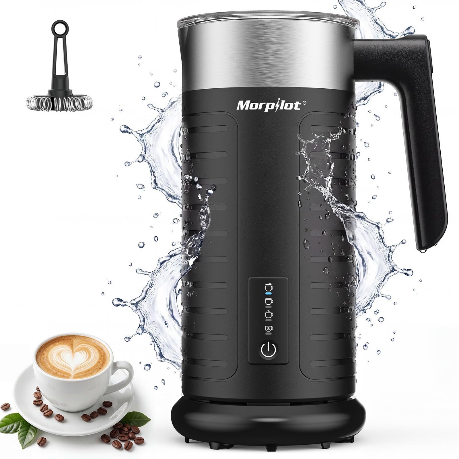 Morpilot Espumador de Leche Eléctrico 4 en 1, Apto para Lavavajillas, Espuma Fría y Caliente, Calentador de Leche Automático, Fácil de Limpiar, Silencioso, para Cappuccino, Latte y Macchiato
