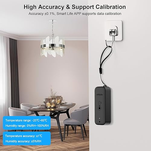 Miniatura 2 de eMylo - Termómetro WiFi, medidor de humedad con alerta inteligente, almacenamiento y calibración de datos, monitor de temperatura y humedad para