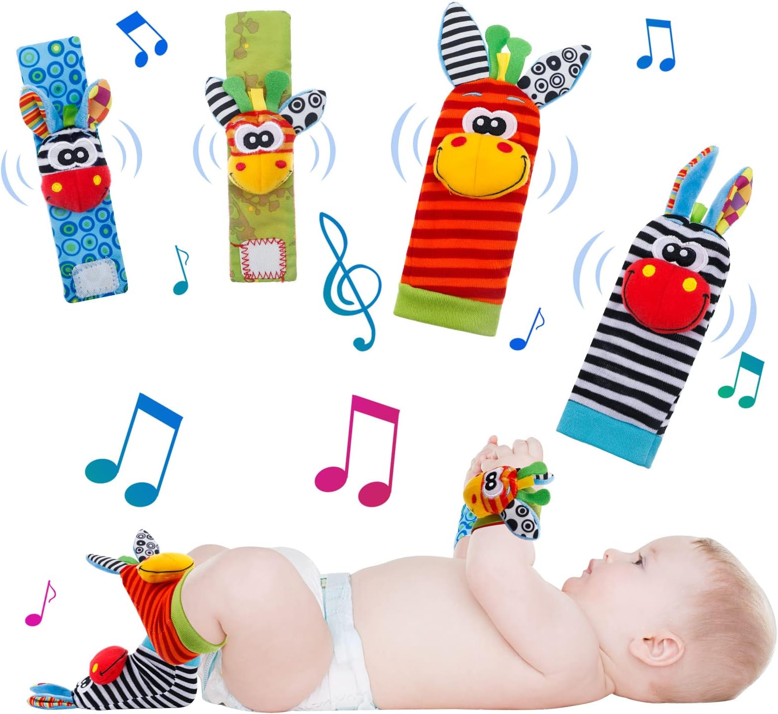 Yorgewd 4 Pcs Baby Wrist Rattle & Foot Finders, Infant sensory Toy Adorable Animal Newborn Developmental Toys Set for Babies Boys Girls 0-12 Month