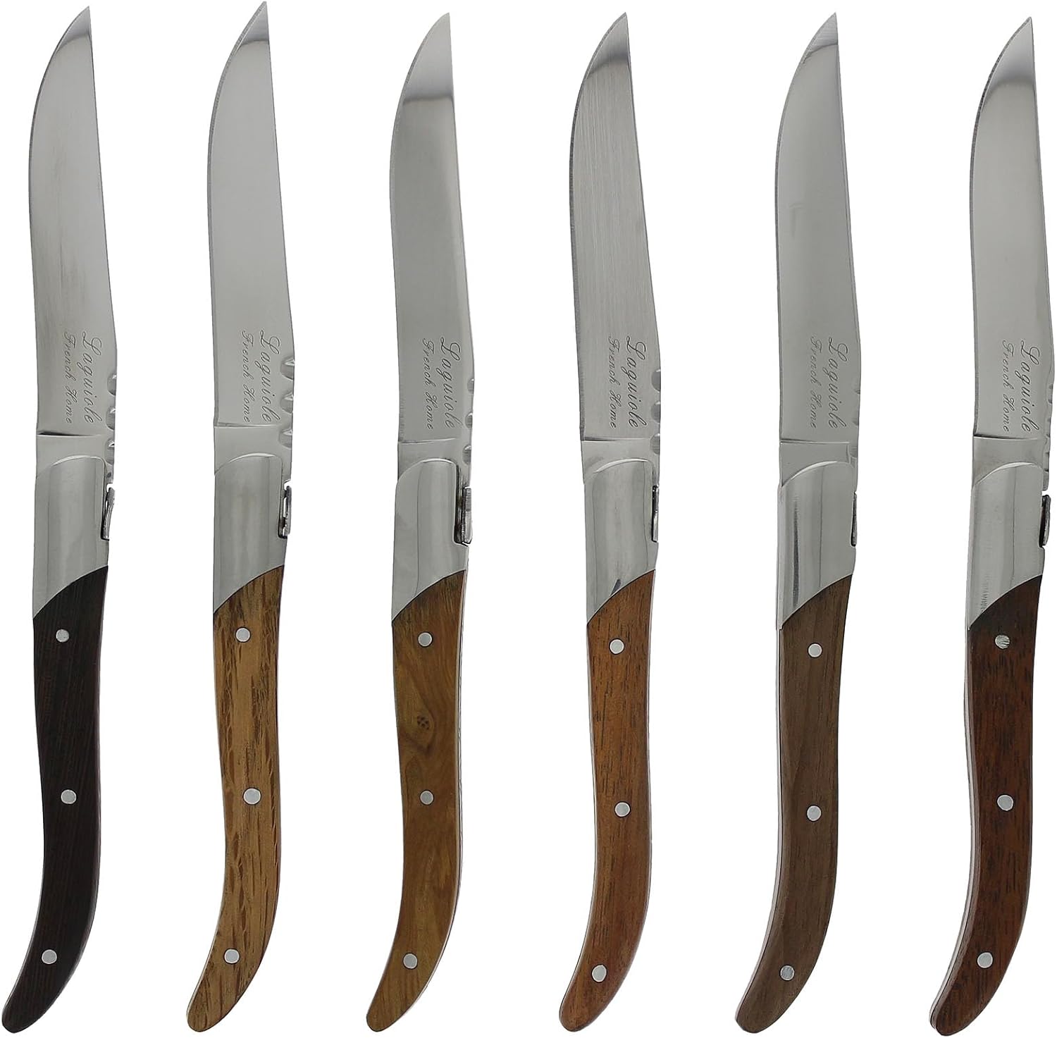 French Home Laguiole Connoisseur 6-Piece Steak Knives – Stainless Steel Dinner Knives with Assorted Wood Handles, Etched Detailing & Napoleon Bee Emblem Packed in an Elegant Box (8.75")