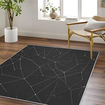 Geometric 4x4 Area Rug - Washable & Non Slip 4 Square Modern Rugs, Soft Accent Carpet - Low Pile Line Pattern Rug for Living Room, Bedroom, Dining Room, Kitchen, Office, Home Decor - Dark Gray