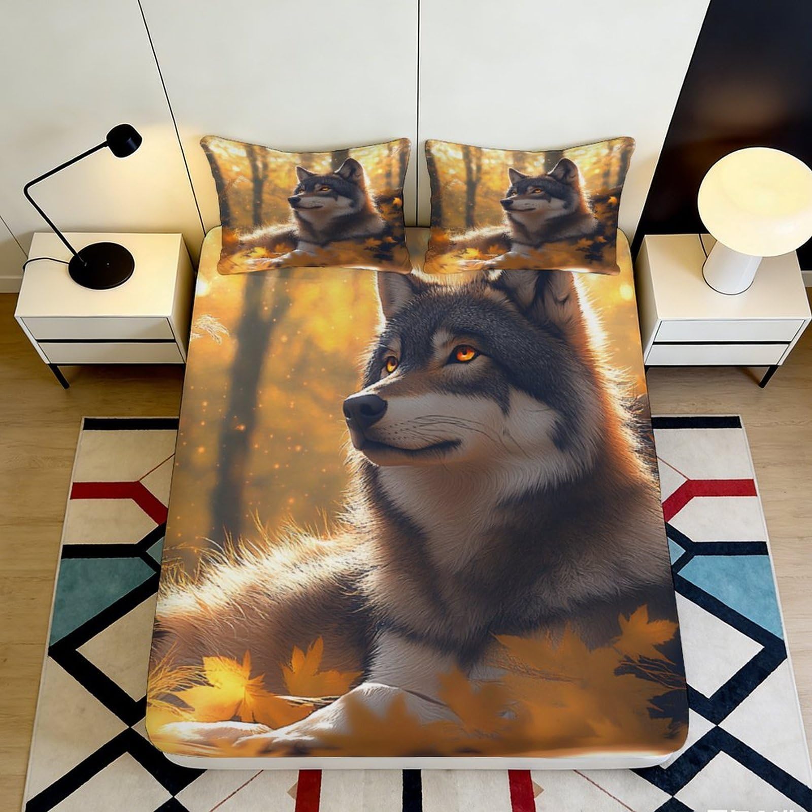 3D Printed Autumn Forest Wolf Fitted Sheet Microfiber Non-slip Bed Cover for Bedroom Dorm Mattress Decor 160x200x25cm