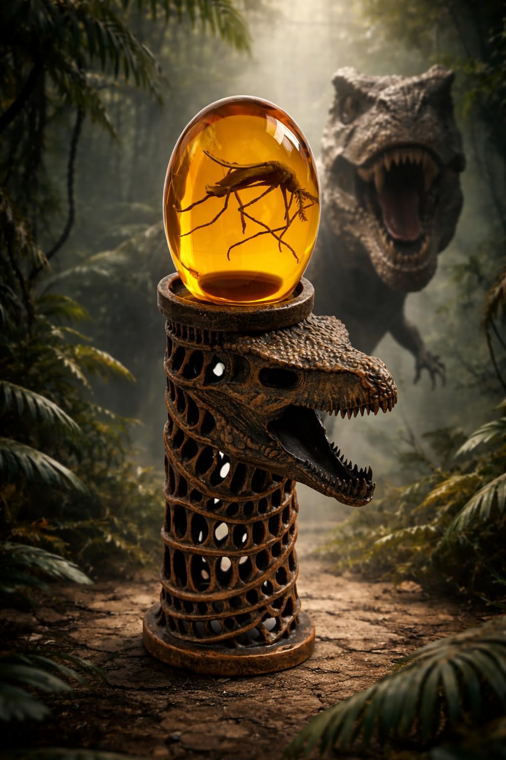 VEOJEIN Zanzara 3D in ambra e torre fossile giurassica - Statua in resina fossile di dinosauro, collezione preistorica, decorazione unica, fermacarte, display di insetti antichi in ambra, regalo per