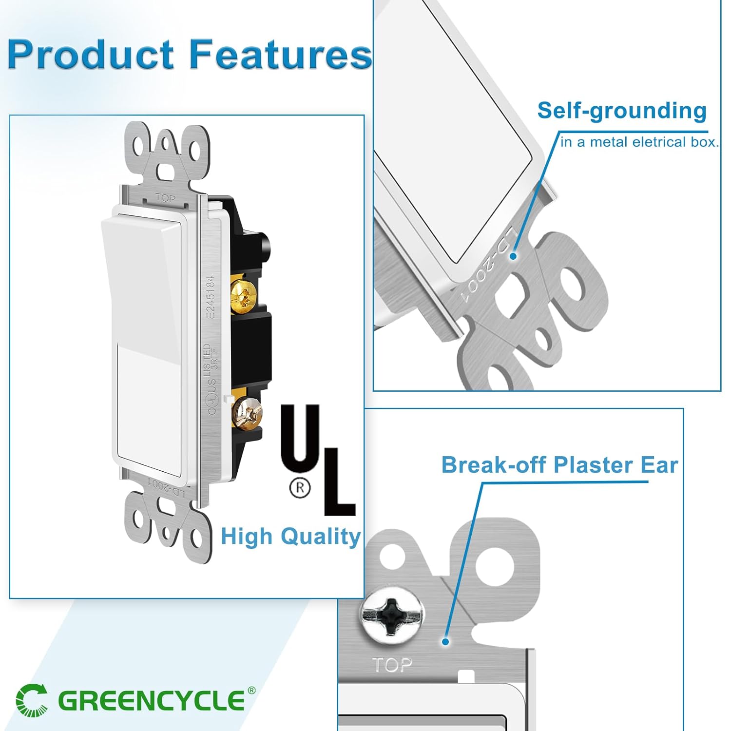 GreenCycle Single Pole Switch White,24 Pack SP Rocker Light Switch 15A 120/277V, On/Off Rocker Paddle Interrupter, Residential/Commercial Grade,Home & Office,UL/CUL, White