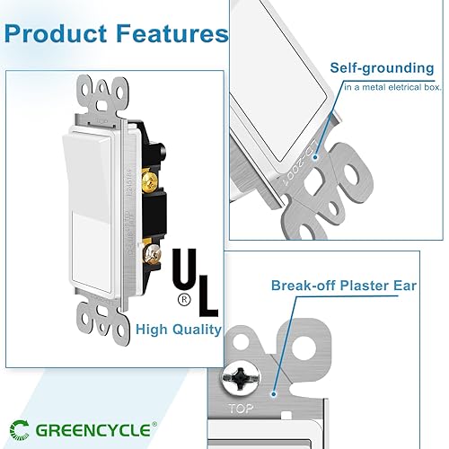 Miniatura 6 de Greencycle Interruptor de luz basculante de un solo polo, interruptor de luz de paleta de 15 amperios, interruptores Sp blancos, 120V-277V CA,