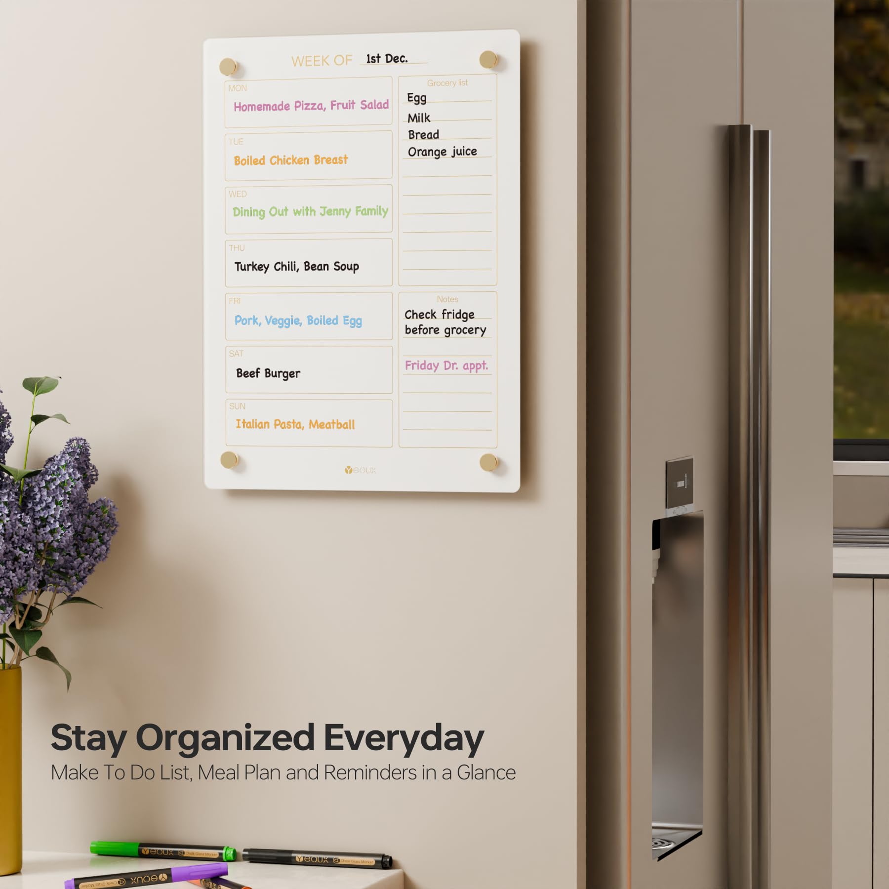 Calendario semanal dorado de cristal y menú, pizarra blanca de borrado en seco para pared, planificación de comidas y lista de compras de comestibles para cocina, 15 x 11 pulgadas, bloc de notas