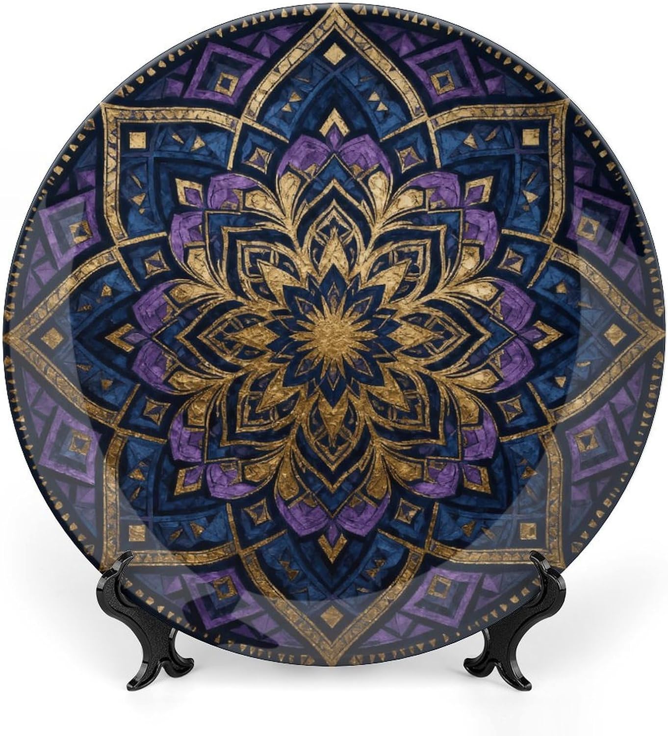 Purple Mandala Art Decorative Plates Bone China Plates with Stand for Display 10inch Round Ceramic Dinner Plates Dessert Plate for Kitchen Party Coffee Table Decor Art
