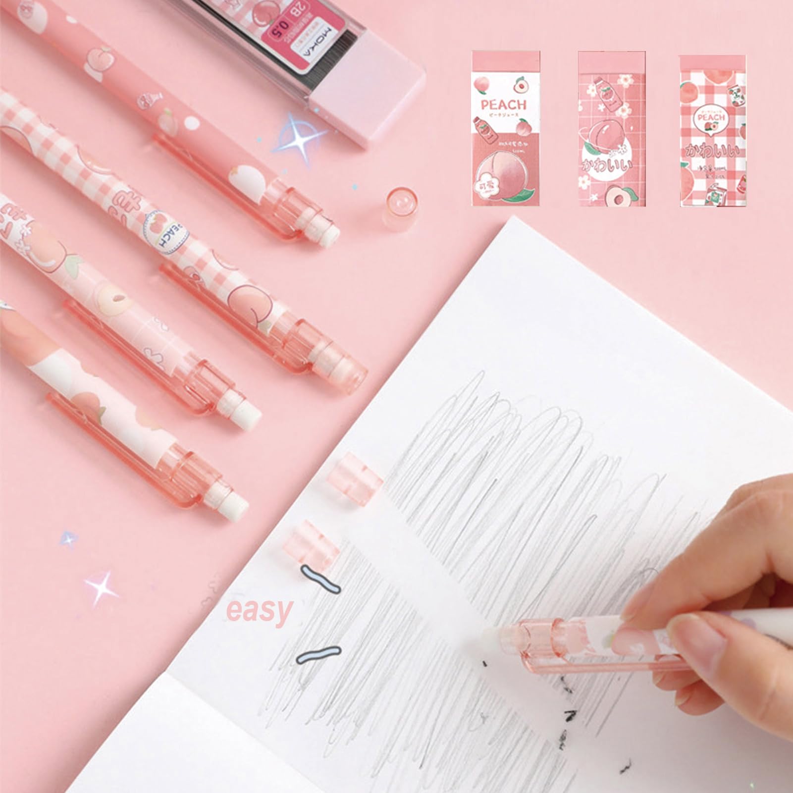 Uroczy brzoskwiniowy zestaw ołówków mechanicznych zawiera ołówki 0,5 mm i 0,7 mm z wkładami ołowiowymi i gumkami, różowy, kawaii, mechaniczny ołówek dla kobiet, dziewcząt, mężczyzn, chłopców