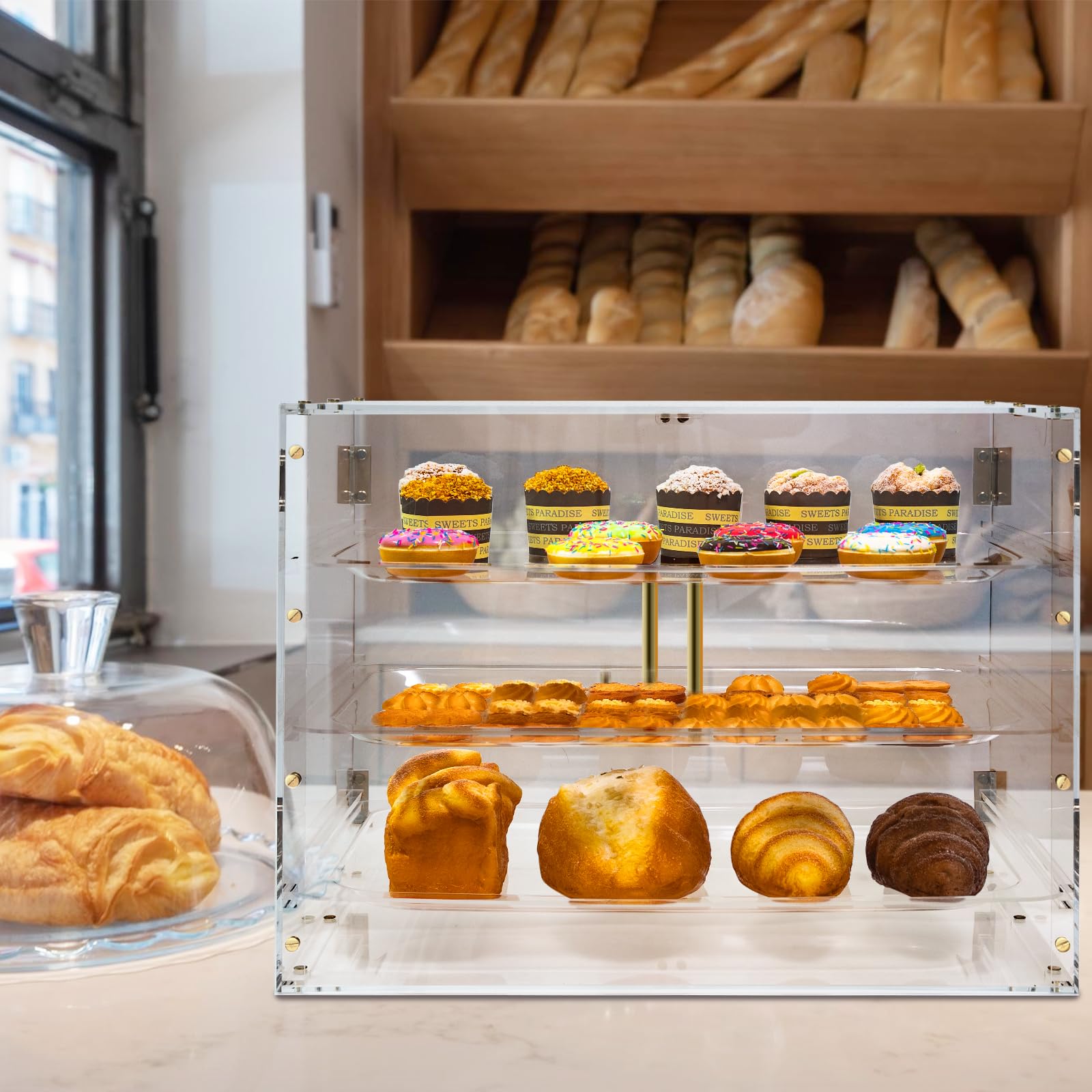 3 Tray Bakery Display Case for Commercial Countertop, 21" x 16" x 14" Acrylic Pastry Display Case with Magnetic Rear Doors & Removable Trays for Desserts Bread Donut Bagels