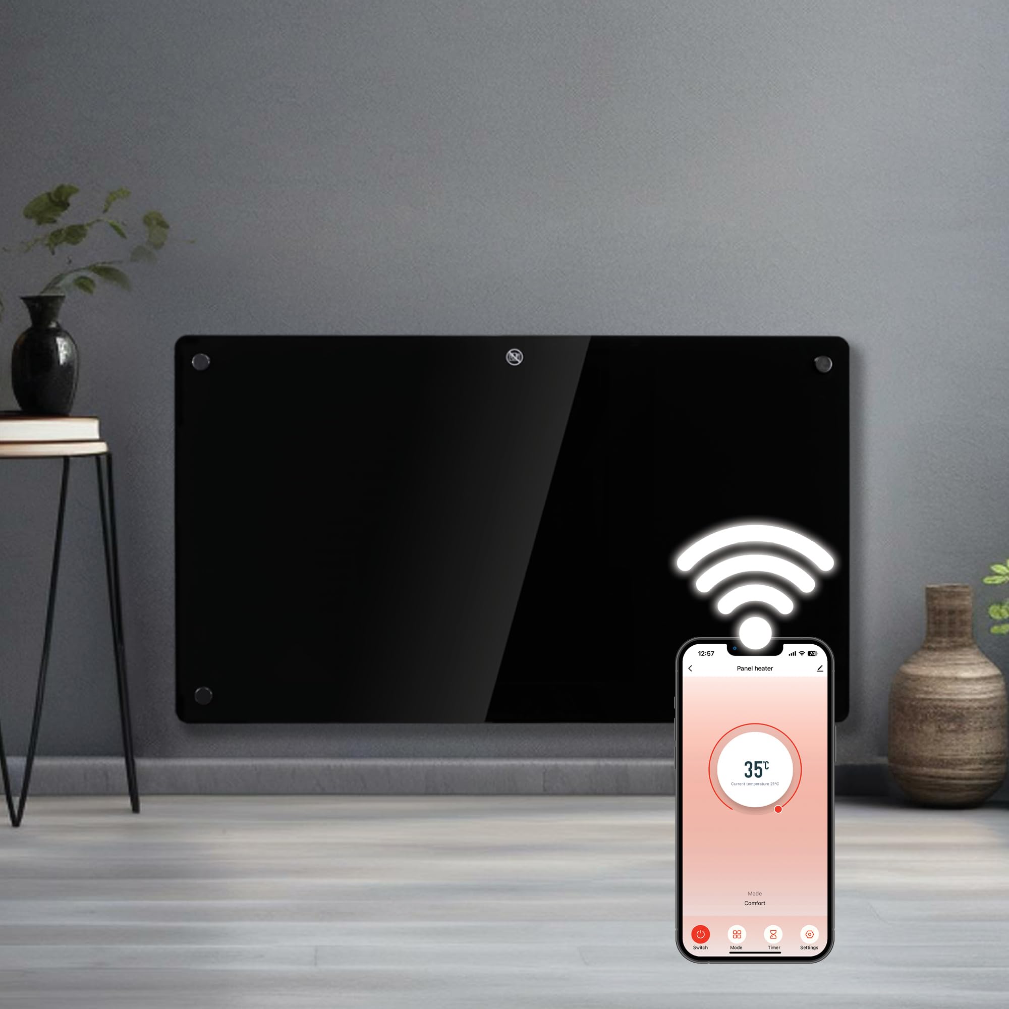 Futura 1000W Black Glass WiFi Smart App Control Electric Radiator Heaters for Home, Bathroom Safe Electric Heater Setback Timer Lot 20 & Advanced Thermostat Control Wall Mounted or Floor Standing