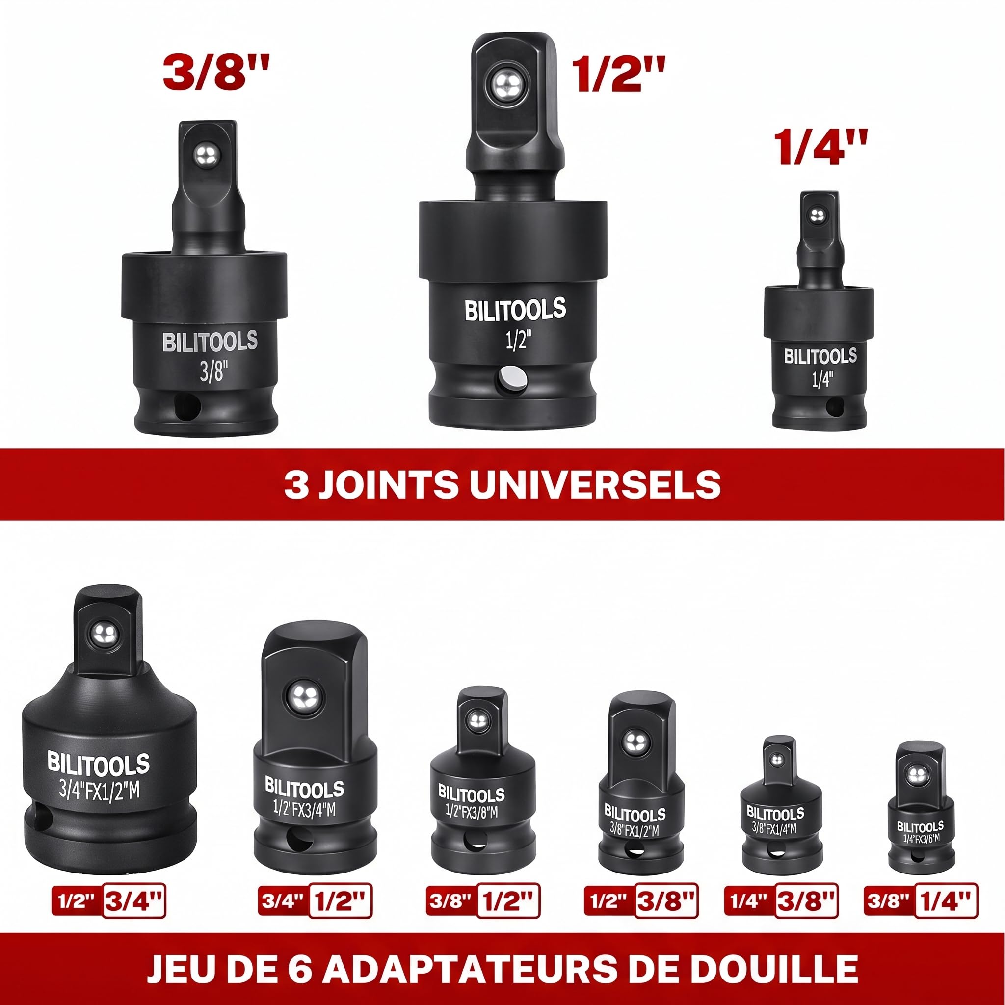 BILITOOLS Adaptateur Cliquet 17 pcs, Adaptateur Douille pour Clé à Choc