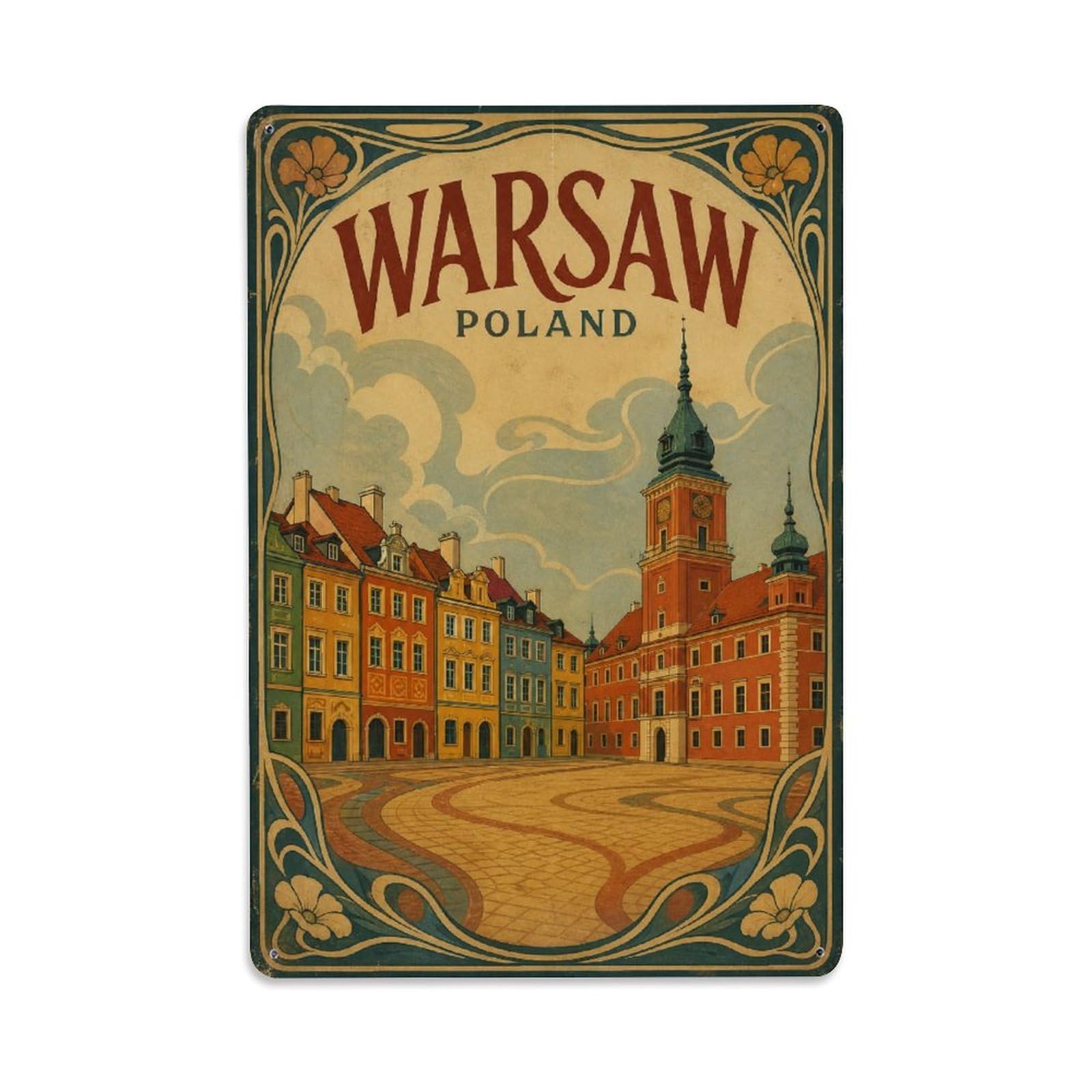 Vintage Travel Poland Warsaw（1） Metal Tin Sign Plaque Wall Decor for Cafe, Club Bar, Office, Garden Metal Poster 8x12Inch